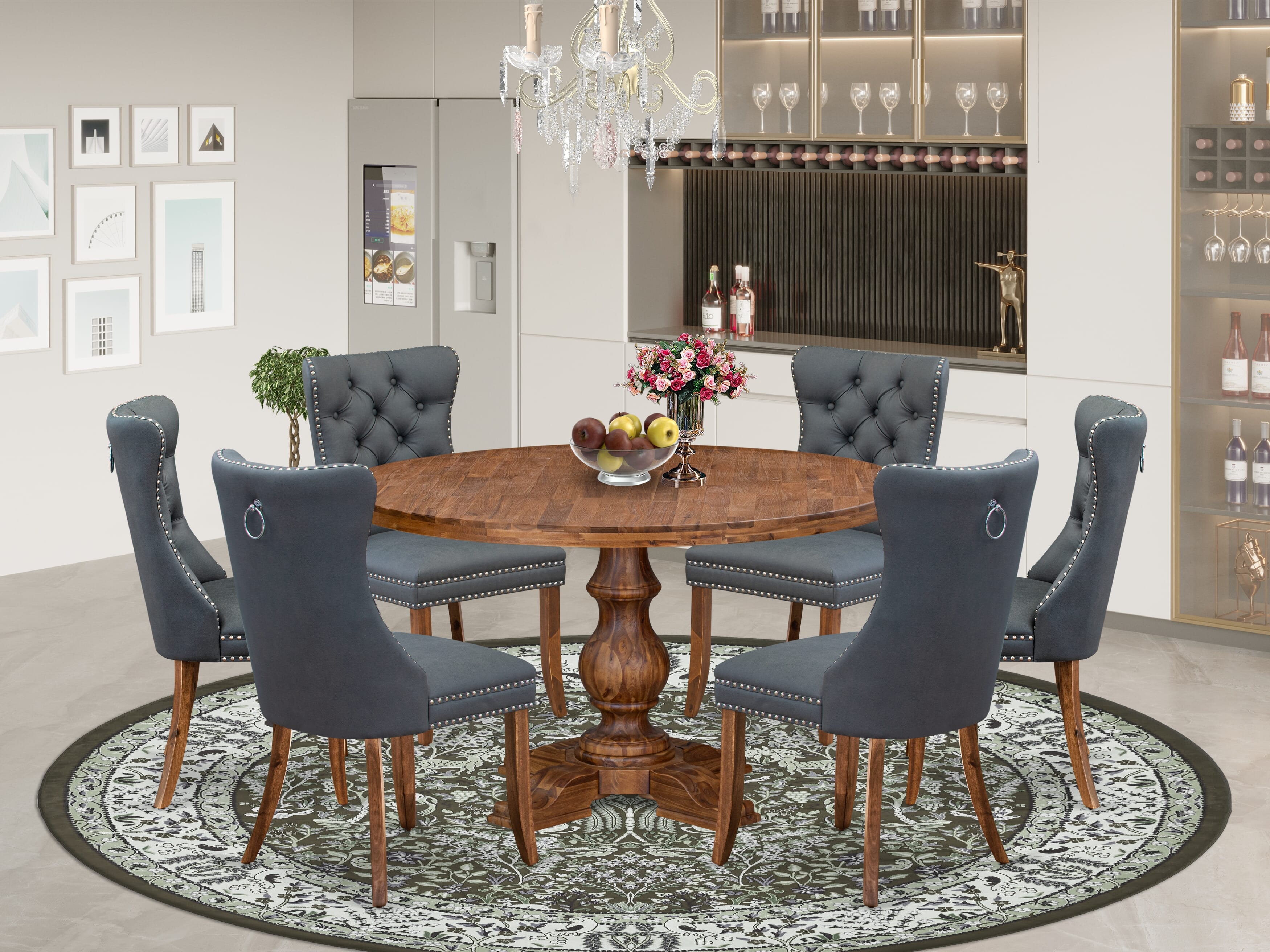 Luxe by East West Furniture I5DA7-50N-13 7-piece Kitchen table set consists of a Dining Table and 6 Platinum Gray Faux Leather Dining Room Chairs with Button Tufted Back - Antique Walnut Finish