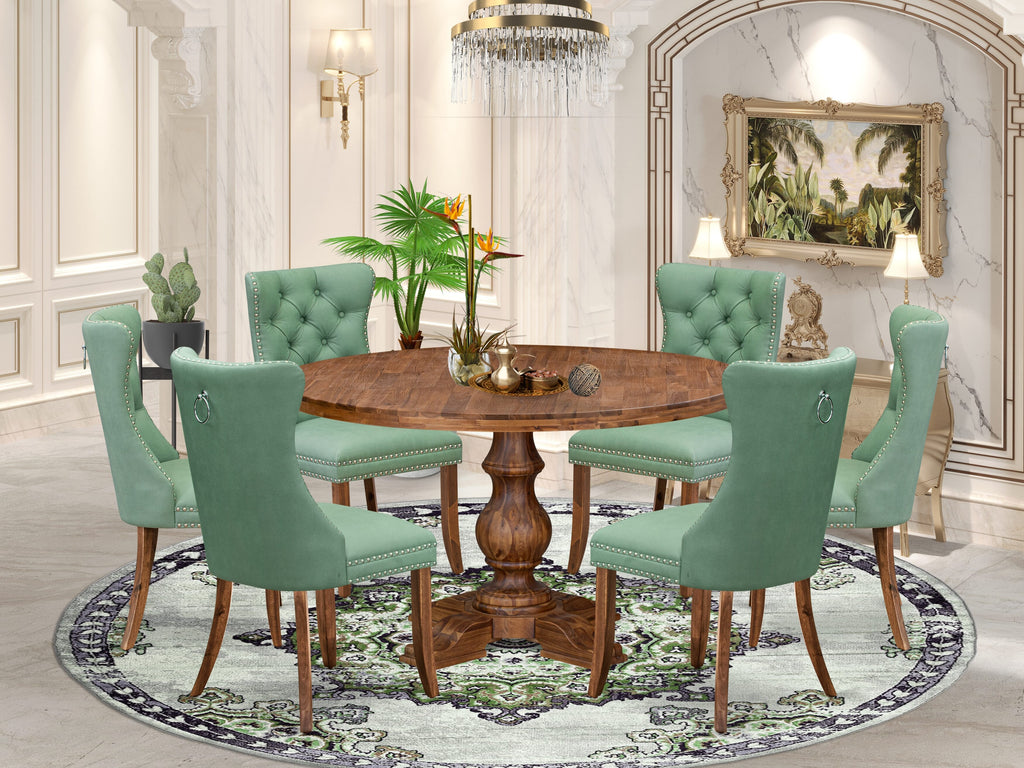 Luxe by East West Furniture I5DA7-50N-22 7-Pc Mid Century Dining Set Include a Dining Table and 6 Willow Green Faux Leather Chairs with Button-Tufted Back, Antique Walnut