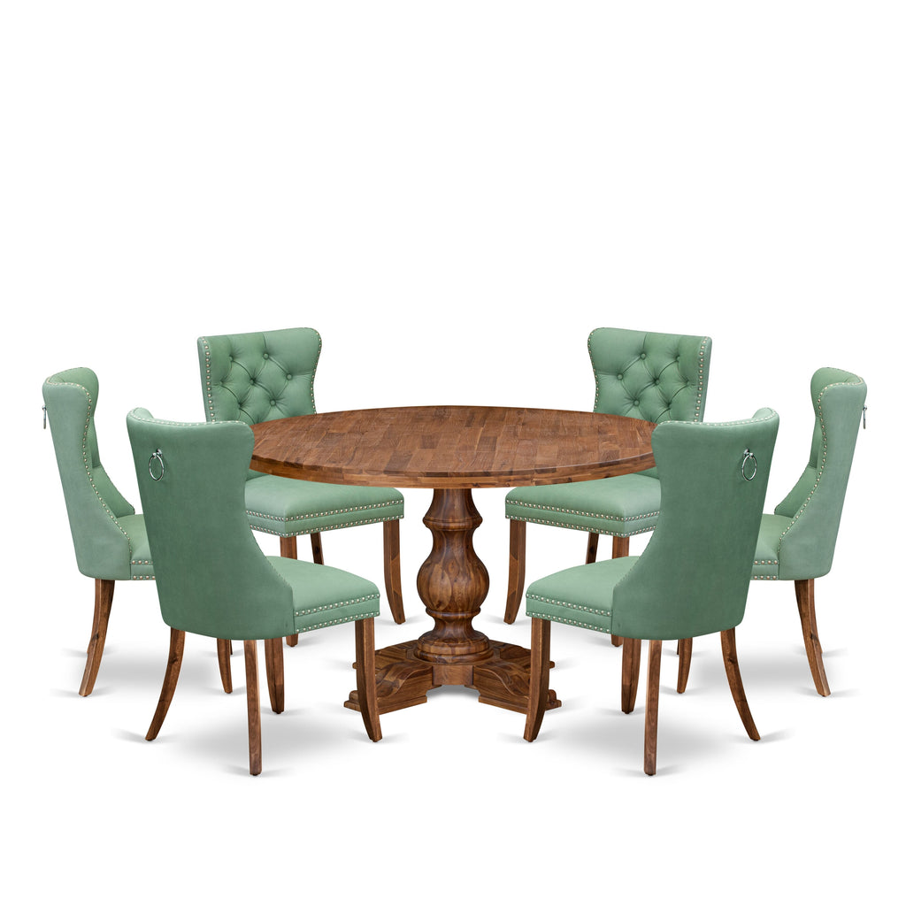 Luxe by East West Furniture I5DA7-50N-22 7-Pc Mid Century Dining Set Include a Dining Table and 6 Willow Green Faux Leather Chairs with Button-Tufted Back, Antique Walnut