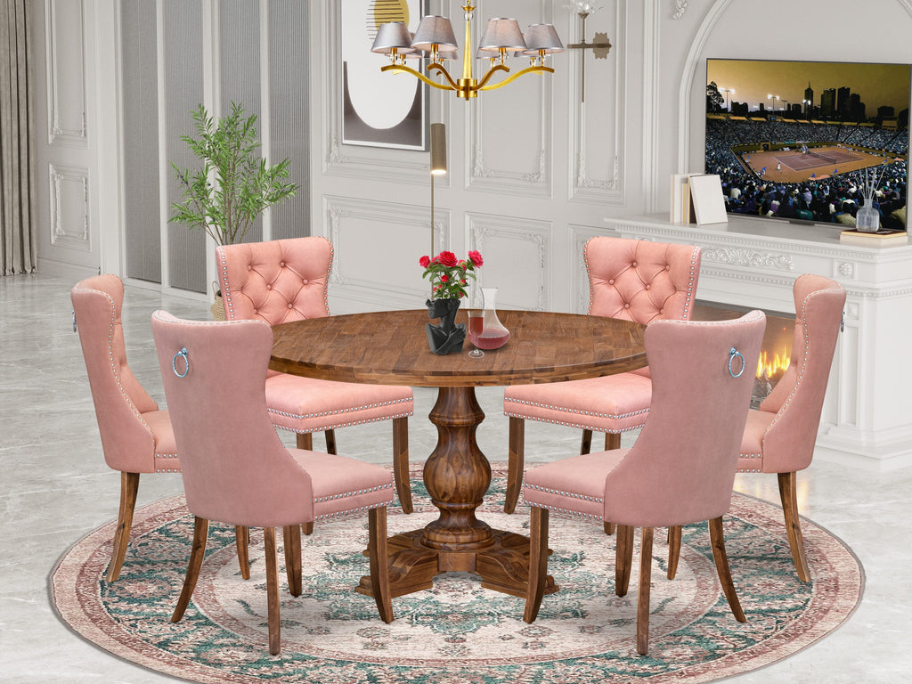 Luxe by East West Furniture I5DA7-50N-23 7-Pc Dinner Table Set Include a Dining Table and 6 Beige Red Faux Leather Upholstered Chairs with Button-Tufted Back, Antique Walnut