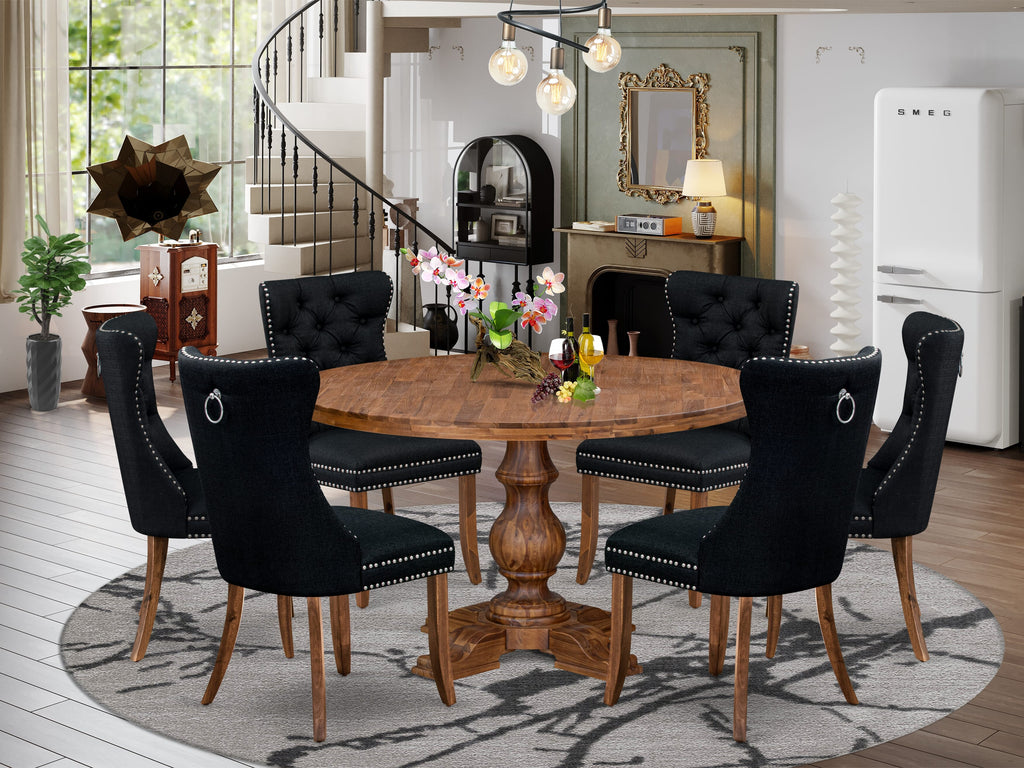 Luxe by East West Furniture I5DA7-50N-24 7-Piece Dining Room Set with Linen Fabric 6 Black kitchen chairs, Button-Tufted Backs, and a 54"Round Breakfast Table in Antique Walnut Finish.