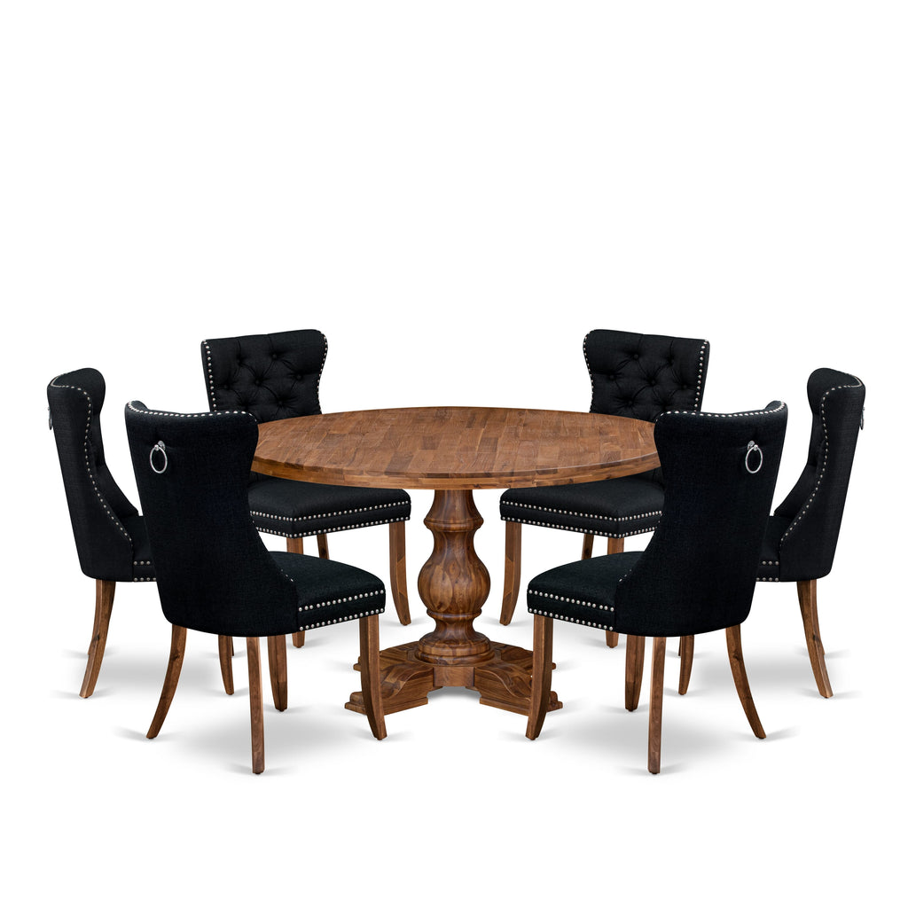 Luxe by East West Furniture I5DA7-50N-24 7-Piece Dining Room Set with Linen Fabric 6 Black kitchen chairs, Button-Tufted Backs, and a 54"Round Breakfast Table in Antique Walnut Finish.
