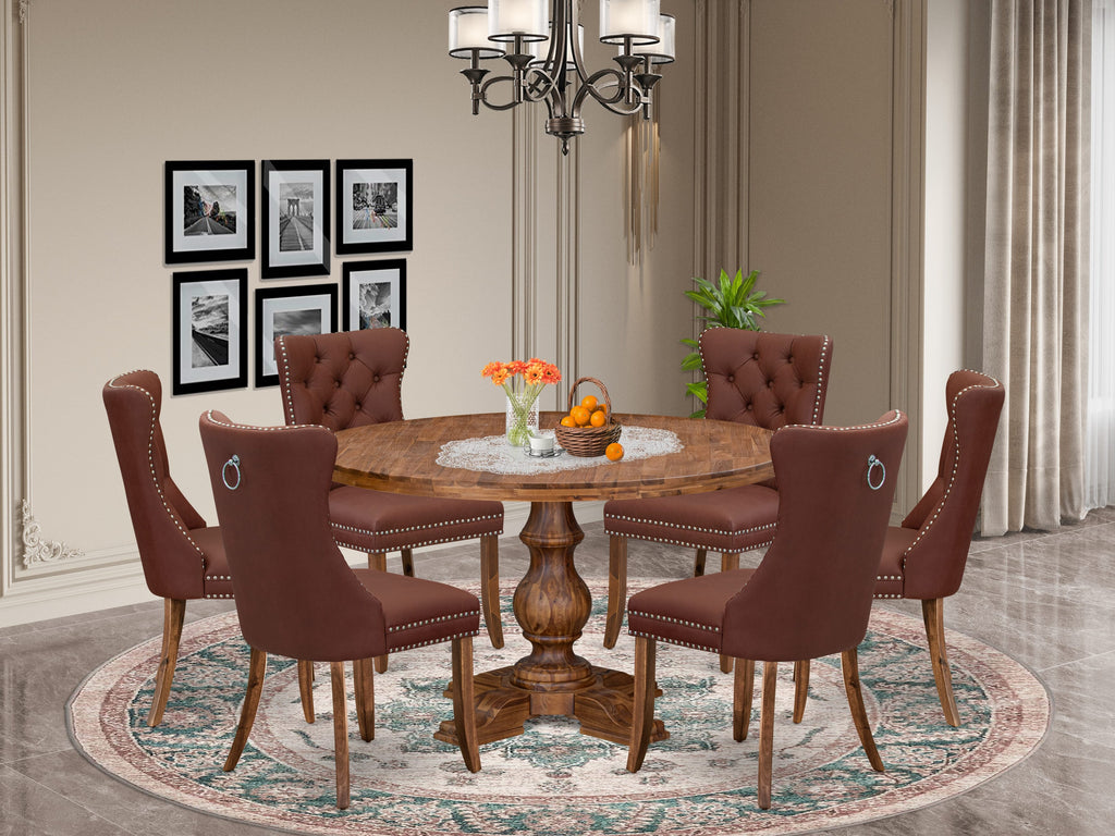 Luxe by East West Furniture I5DA7-50N-26 7-Pc Dining Set Include a Dining Table and 6 Burgundy Faux Leather Parson Chairs with Button-Tufted Back, Antique Walnut