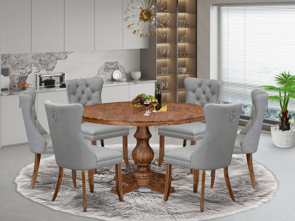 Luxe by East West Furniture I5DA7-50N-27 7-Pc Modern Dining Set Include a Dining Table and 6 Light Gray Faux Leather Parsons Chairs with Button-Tufted Back, Antique Walnut