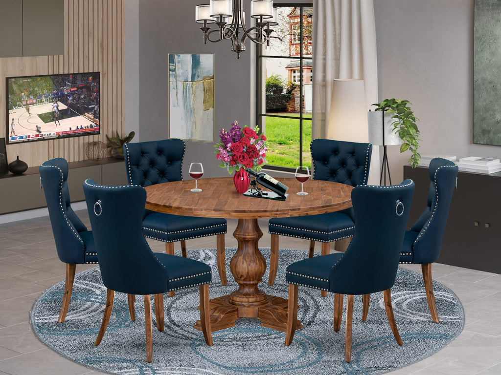 Luxe by East West Furniture I5DA7-50N-29 7-Piece Modern Dining Set with Faux Leather 6 Navy Blue kitchen chairs, Button-Tufted Backs, and a 54"Round Dinner Table in Antique Walnut Finish.
