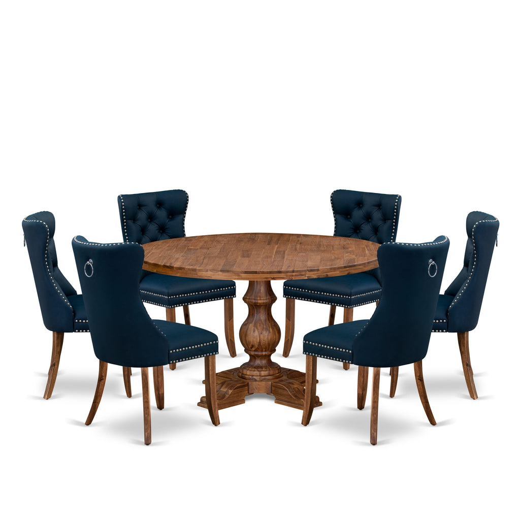 Luxe by East West Furniture I5DA7-50N-29 7-Piece Modern Dining Set with Faux Leather 6 Navy Blue kitchen chairs, Button-Tufted Backs, and a 54"Round Dinner Table in Antique Walnut Finish.