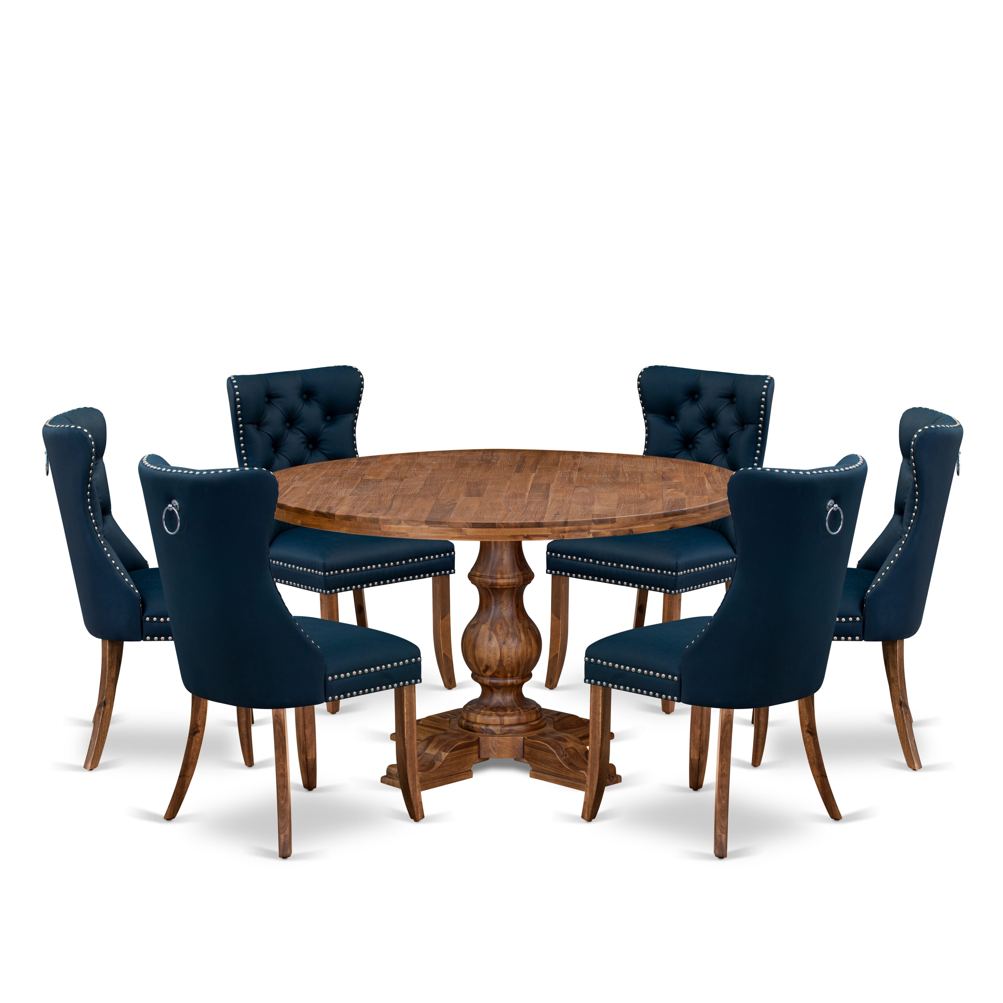 Luxe by East West Furniture I5DA7-50N-29 7-Piece Modern Dining Set with Faux Leather 6 Navy Blue kitchen chairs, Button-Tufted Backs, and a 54"Round Dinner Table in Antique Walnut Finish.