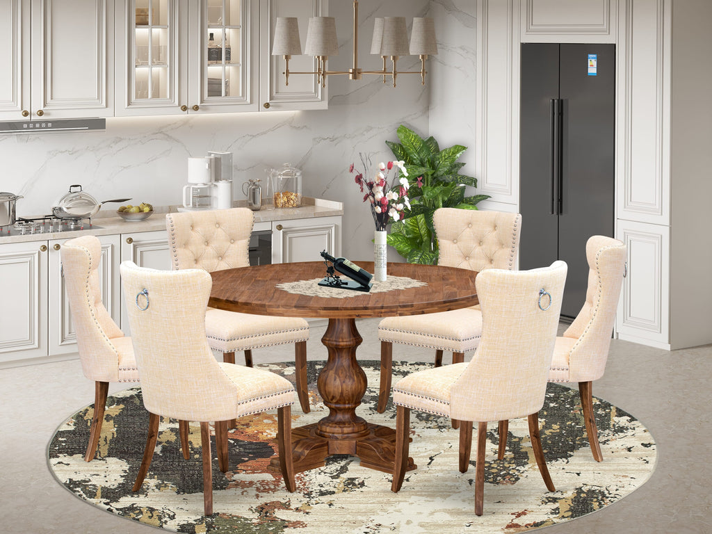 Luxe by East West Furniture I5DA7-50N-32 7-Piece Dining Table Set with Linen Fabric 6 Light Beige Parson chairs, Button-Tufted Backs, and a 54"Round Table in Antique Walnut Finish.
