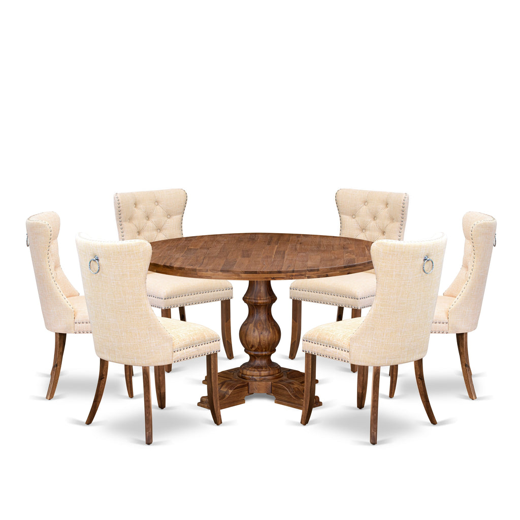 Luxe by East West Furniture I5DA7-50N-32 7-Piece Dining Table Set with Linen Fabric 6 Light Beige Parson chairs, Button-Tufted Backs, and a 54"Round Table in Antique Walnut Finish.
