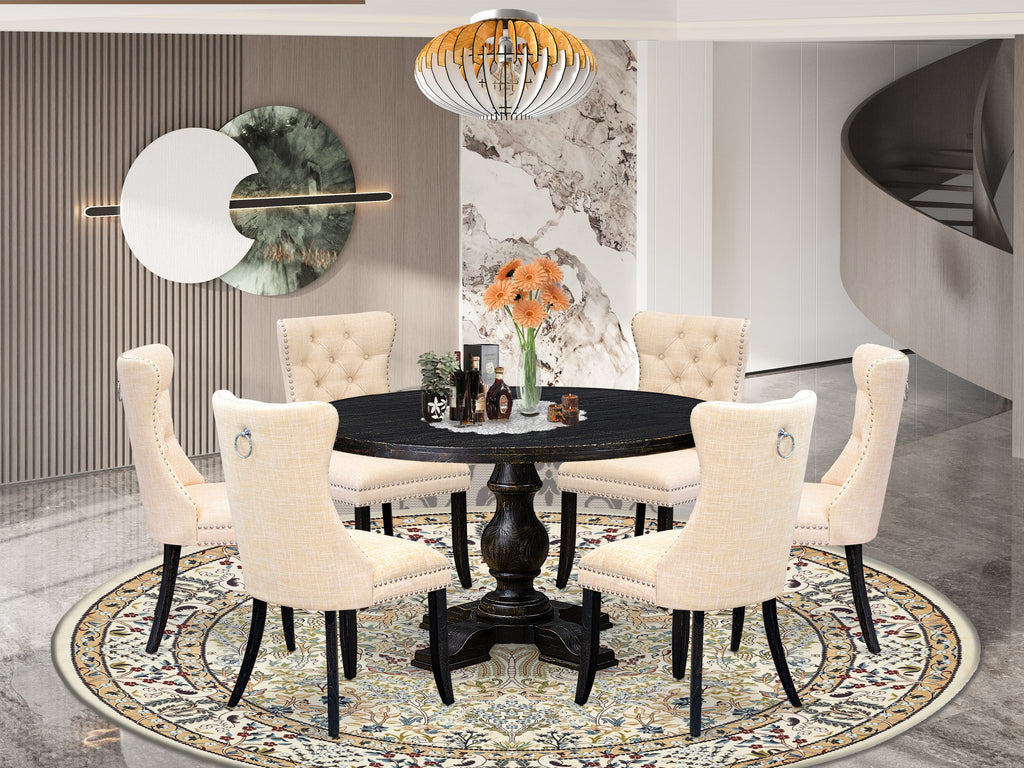 Luxe by East West Furniture I5DA7-511-32 7-piece Kitchen Set included a Dining table and 6 Light Beige Linen Fabric Dinner chairs with Button Tufted Back -Sand Blasted Black