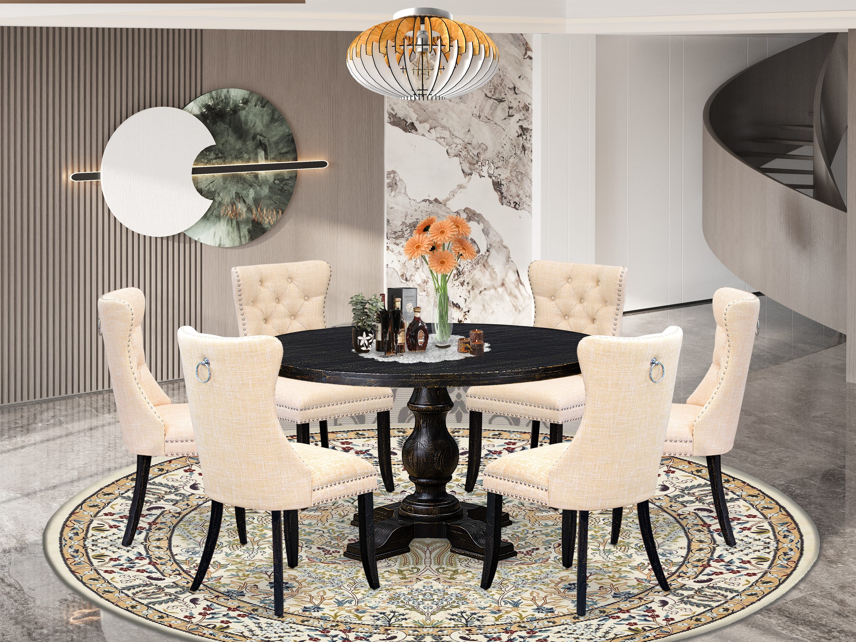 Luxe by East West Furniture I5DA7-511-32 7-piece Kitchen Set included a Dining table and 6 Light Beige Linen Fabric Dinner chairs with Button Tufted Back -Sand Blasted Black