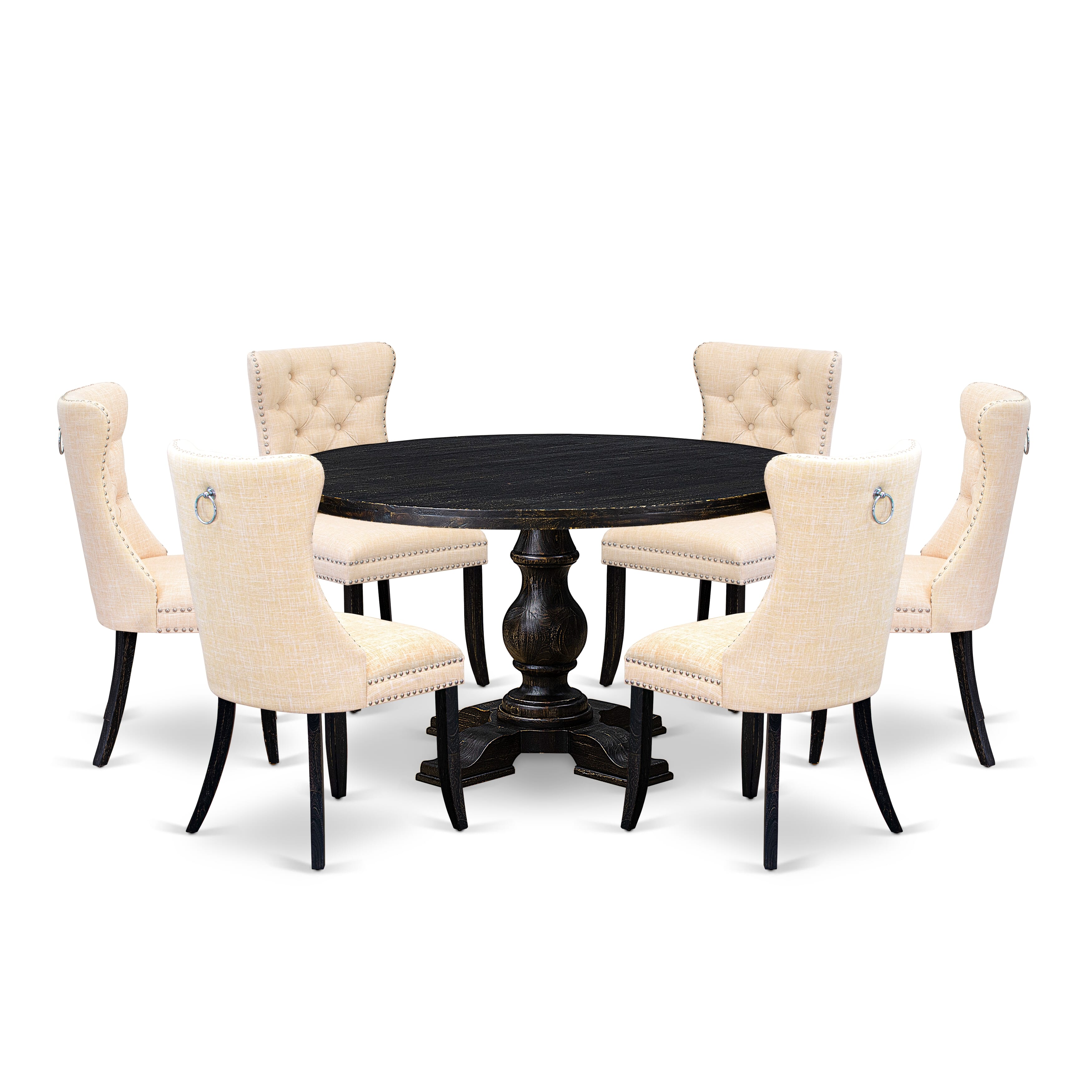 Luxe by East West Furniture I5DA7-511-32 7-piece Kitchen Set included a Dining table and 6 Light Beige Linen Fabric Dinner chairs with Button Tufted Back -Sand Blasted Black