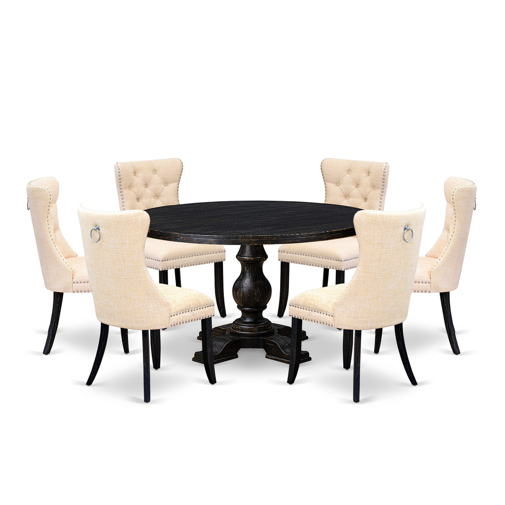 Luxe by East West Furniture I5DA7-511-32 7-piece Kitchen Set included a Dining table and 6 Light Beige Linen Fabric Dinner chairs with Button Tufted Back -Sand Blasted Black