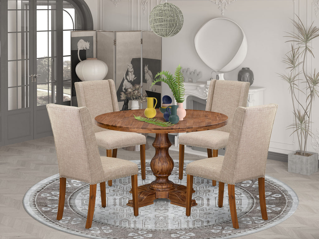 Luxe by East West Furniture I5FL5-40N-04 5-piece Dining Room Set contains a dining table and 4 Light Tan Linen Fabric upholstered chairs with Padded Back - Antique Walnut