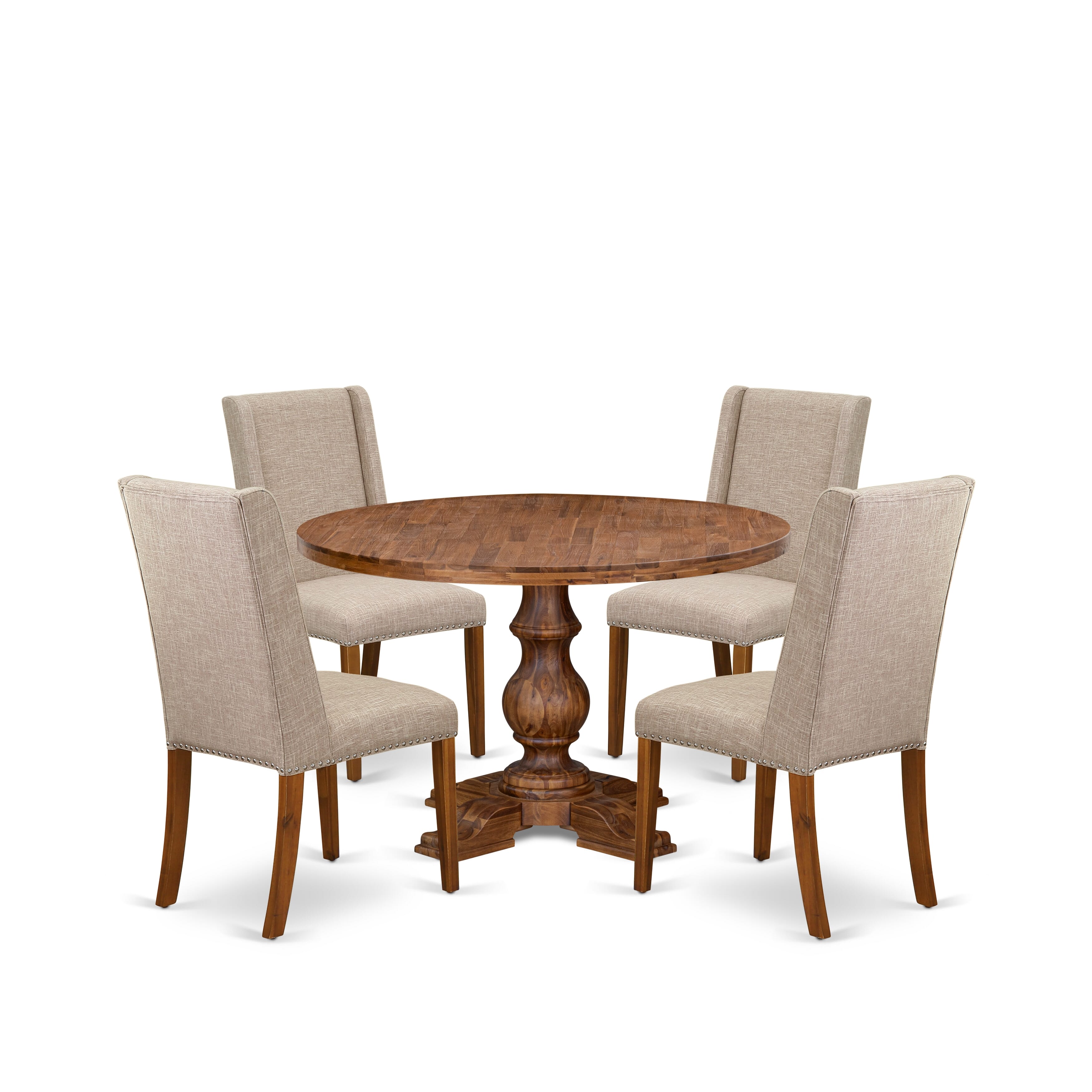Luxe by East West Furniture I5FL5-40N-04 5-piece Dining Room Set contains a dining table and 4 Light Tan Linen Fabric upholstered chairs with Padded Back - Antique Walnut