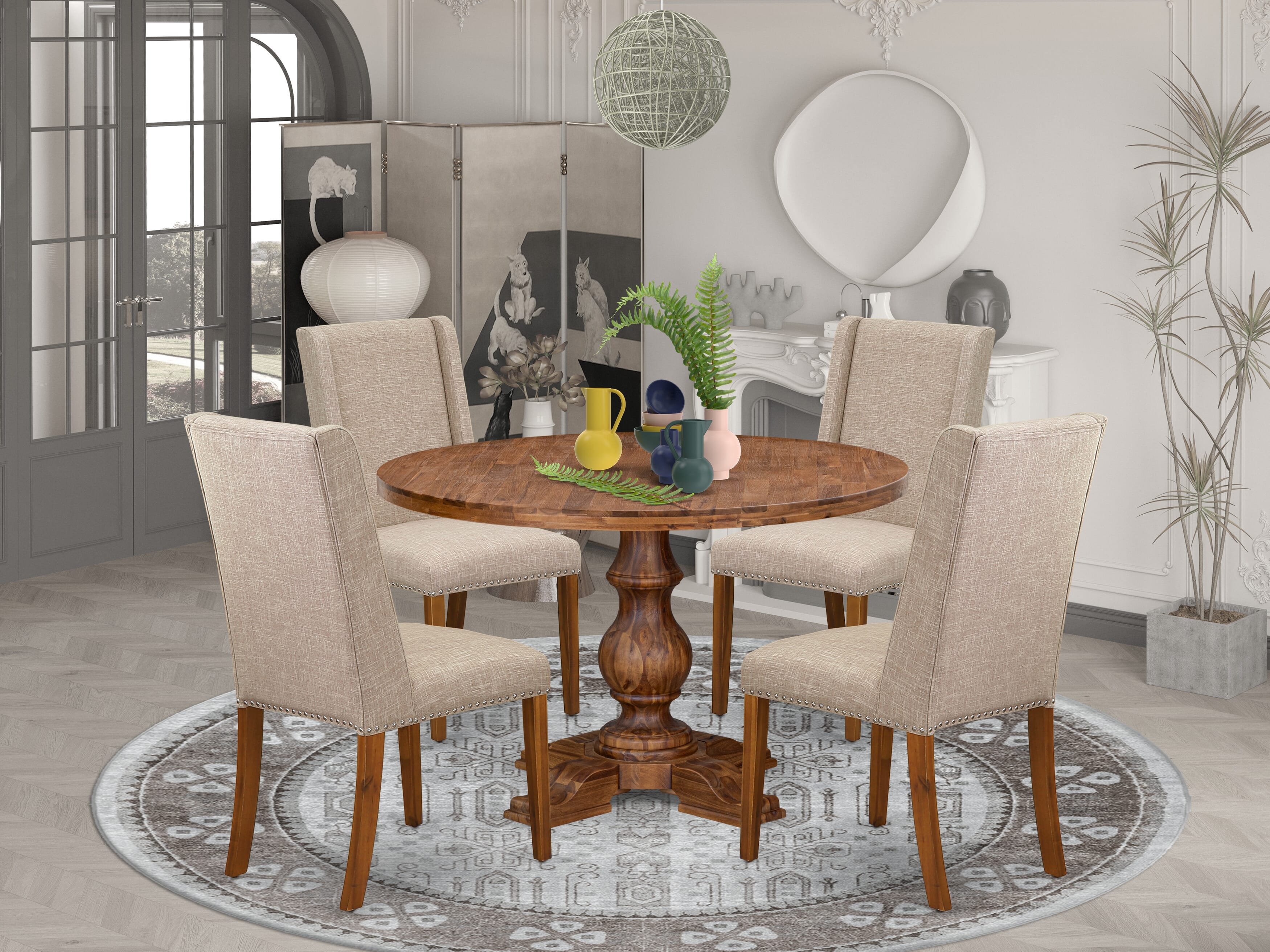 Luxe by East West Furniture I5FL5-40N-04 5-piece Dining Room Set contains a dining table and 4 Light Tan Linen Fabric upholstered chairs with Padded Back - Antique Walnut