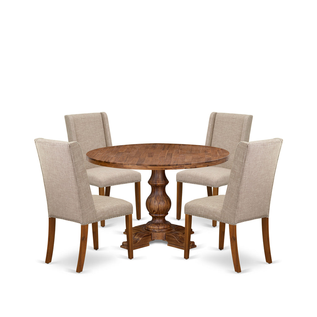 Luxe by East West Furniture I5FL5-40N-04 5-piece Dining Room Set contains a dining table and 4 Light Tan Linen Fabric upholstered chairs with Padded Back - Antique Walnut