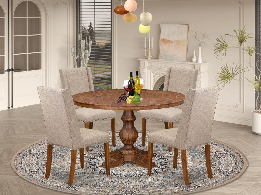 Luxe by East West Furniture I5FL5-50N-04 5-pc Mid-Century Dining Set contains a dining room table and 4 Light Tan Linen Fabric parson chairs with Padded Back - Antique Walnut