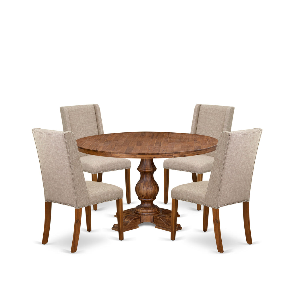 Luxe by East West Furniture I5FL5-50N-04 5-pc Mid-Century Dining Set contains a dining room table and 4 Light Tan Linen Fabric parson chairs with Padded Back - Antique Walnut