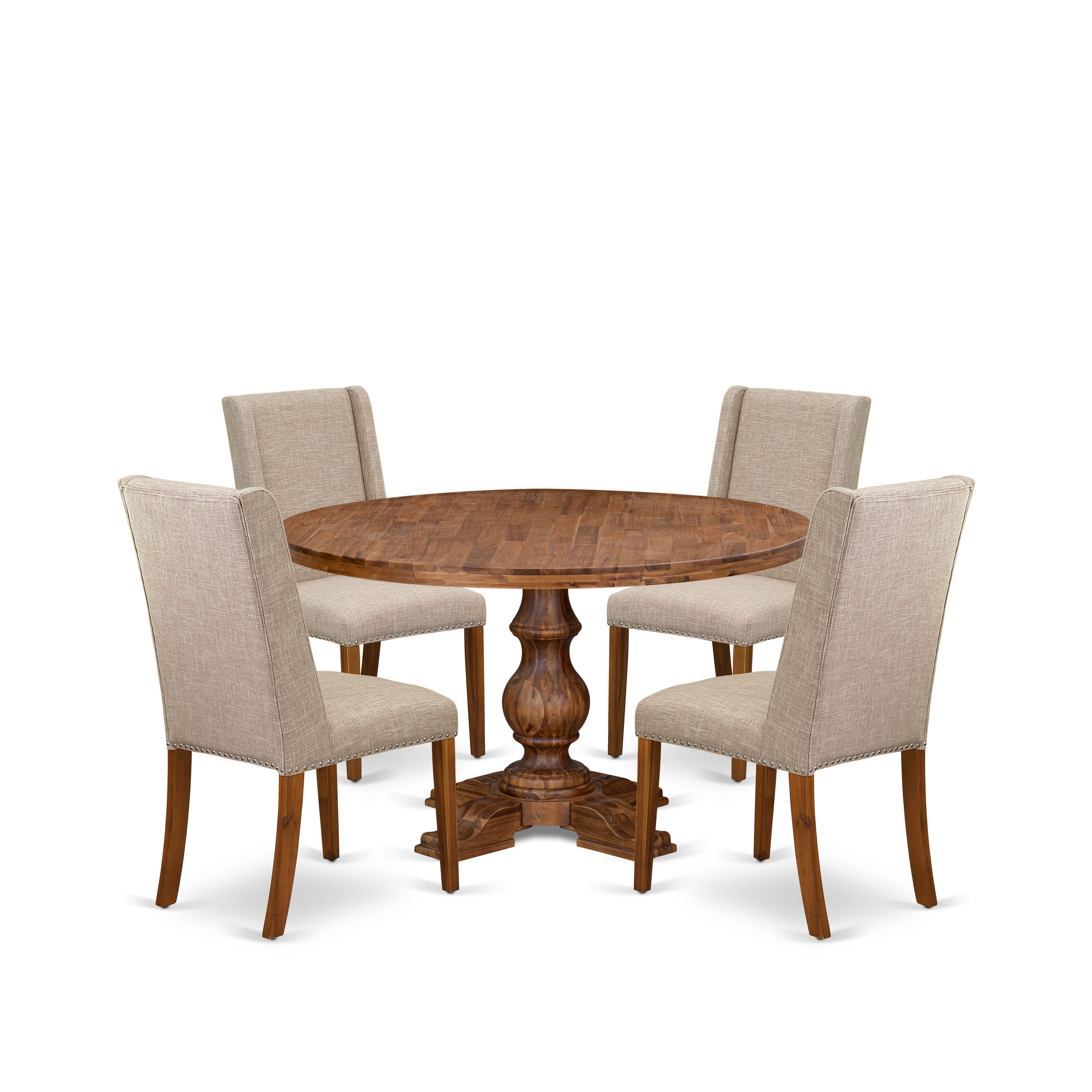 Luxe by East West Furniture I5FL5-50N-04 5-pc Mid-Century Dining Set contains a dining room table and 4 Light Tan Linen Fabric parson chairs with Padded Back - Antique Walnut