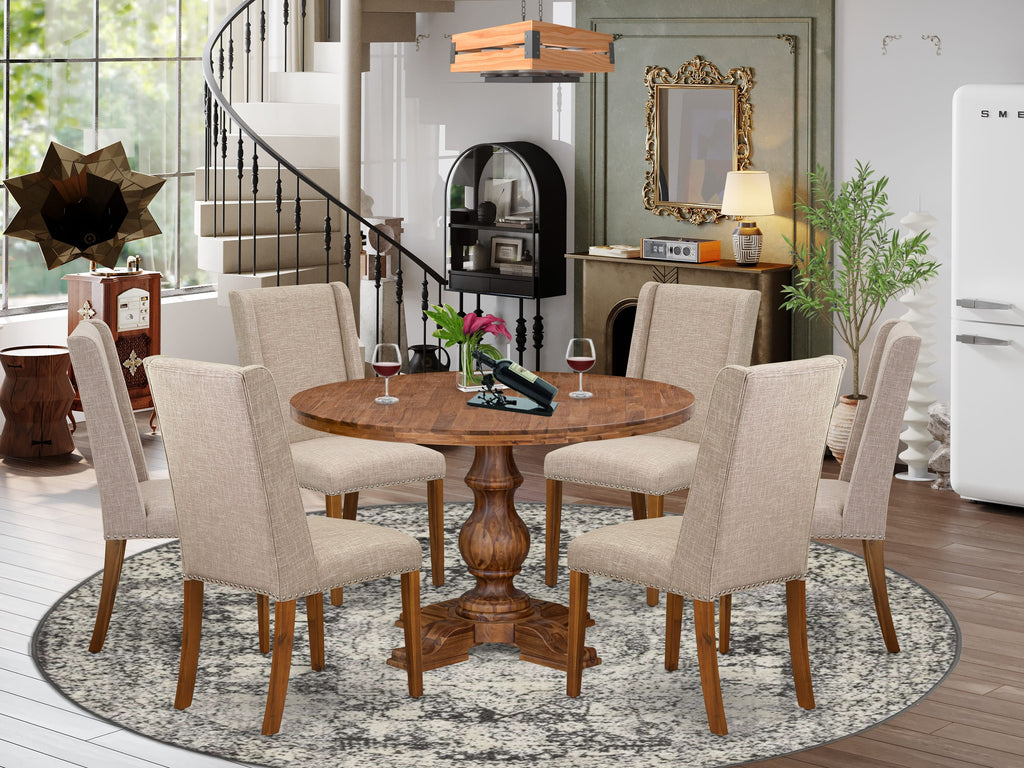 Luxe by East West Furniture I5FL7-40N-04 7-piece Dining Table Set included a wooden table and 6 Light Tan Linen Fabric dining chair with Padded Back - Antique Walnut