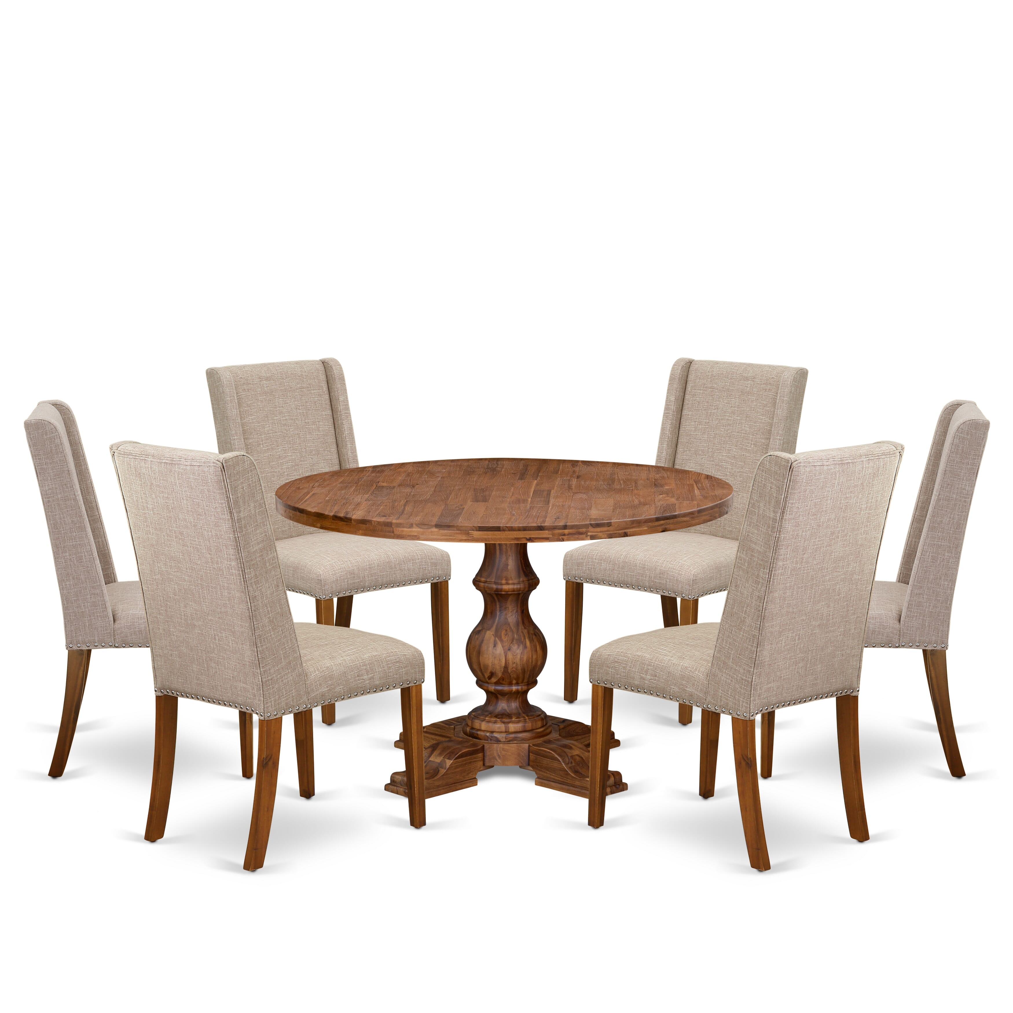 Luxe by East West Furniture I5FL7-40N-04 7-piece Dining Table Set included a wooden table and 6 Light Tan Linen Fabric dining chair with Padded Back - Antique Walnut