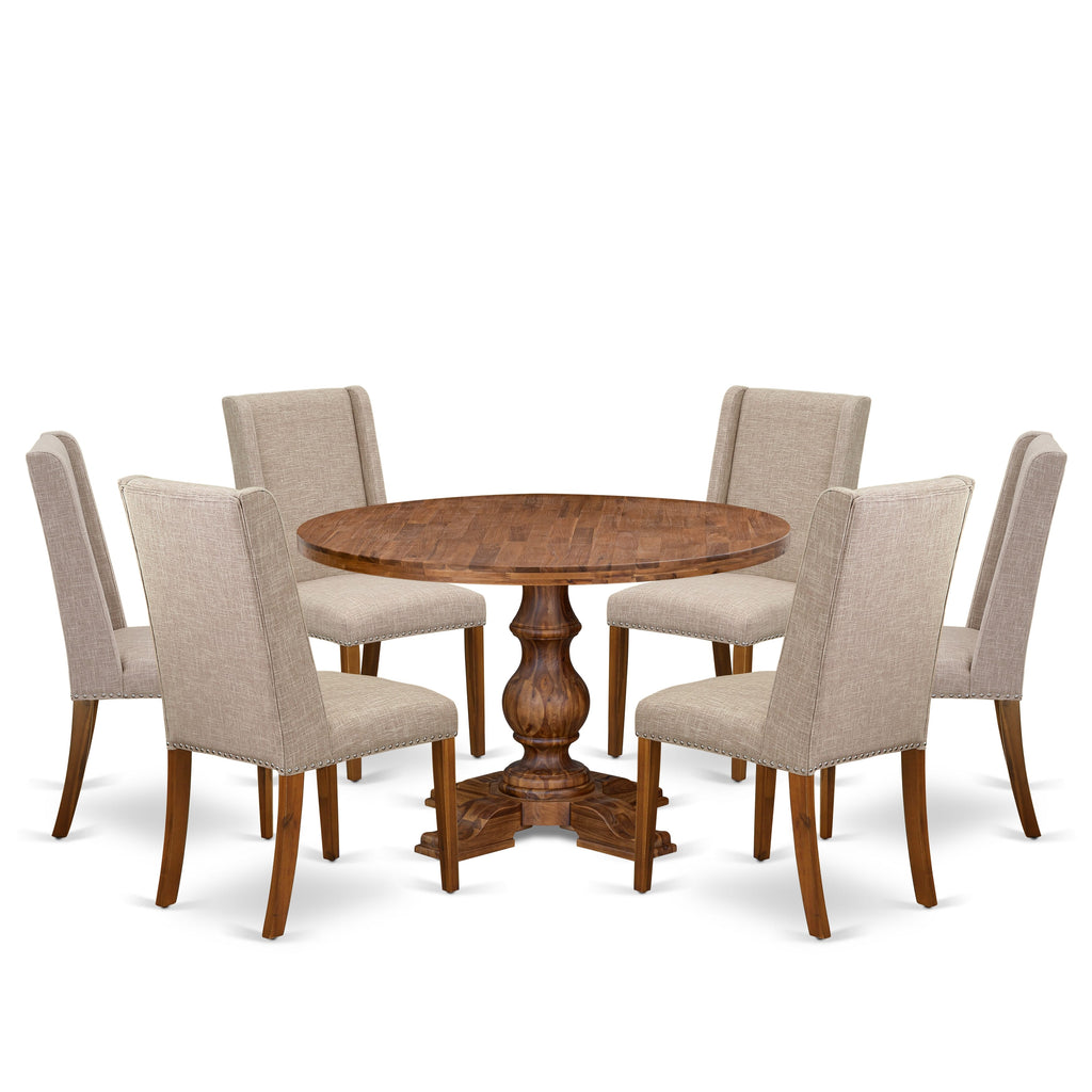 Luxe by East West Furniture I5FL7-40N-04 7-piece Dining Table Set included a wooden table and 6 Light Tan Linen Fabric dining chair with Padded Back - Antique Walnut
