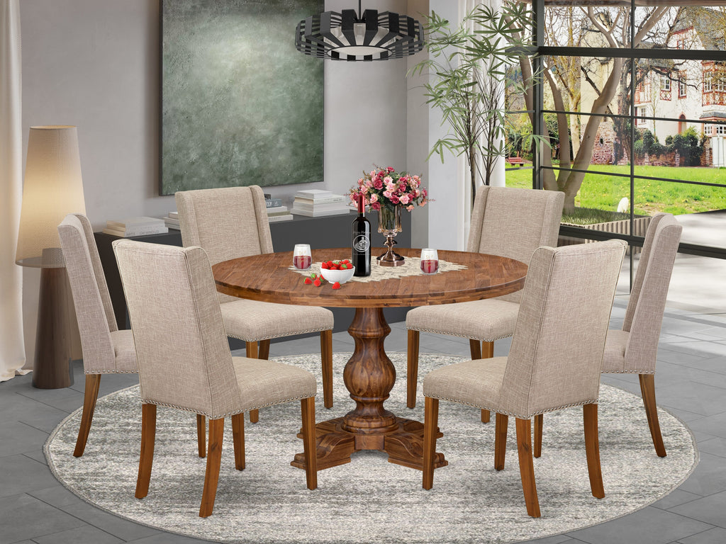 Luxe by East West Furniture I5FL7-50N-04 7-piece Modern Dining Set included a dinning table and 6 Light Tan Linen Fabric modern chairs with Padded Back - Antique Walnut
