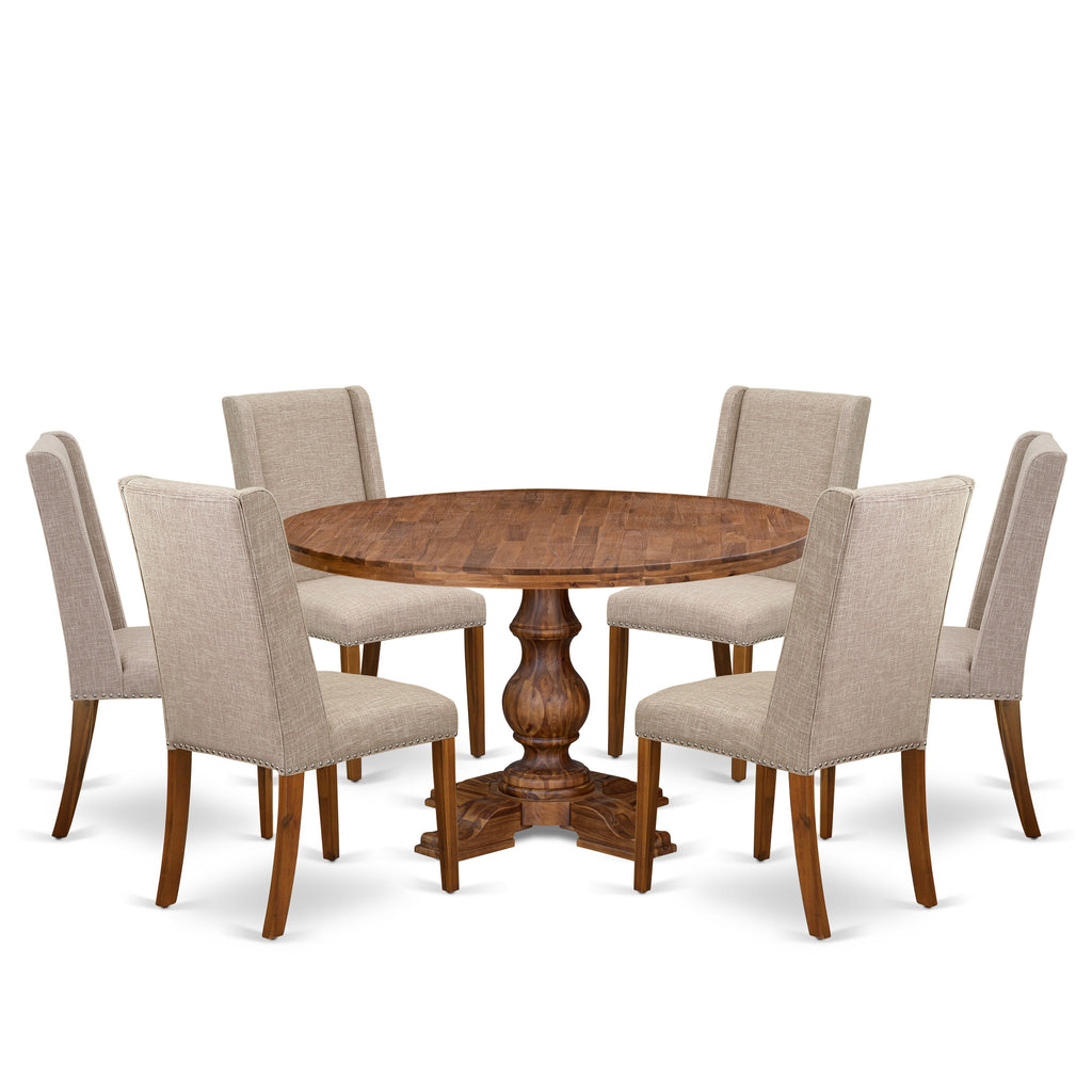 Luxe by East West Furniture I5FL7-50N-04 7-piece Modern Dining Set included a dinning table and 6 Light Tan Linen Fabric modern chairs with Padded Back - Antique Walnut