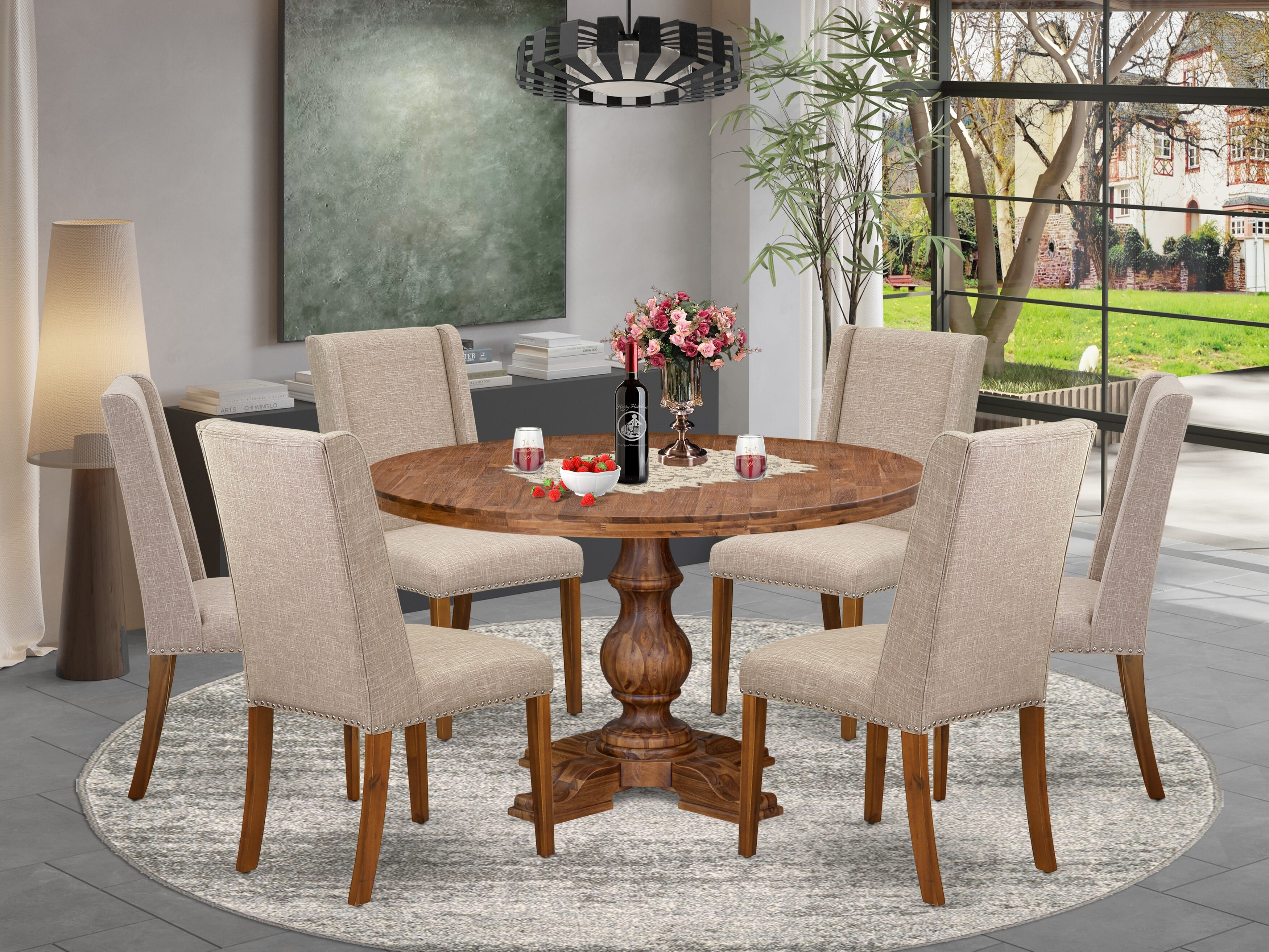 Luxe by East West Furniture I5FL7-50N-04 7-piece Modern Dining Set included a dinning table and 6 Light Tan Linen Fabric modern chairs with Padded Back - Antique Walnut