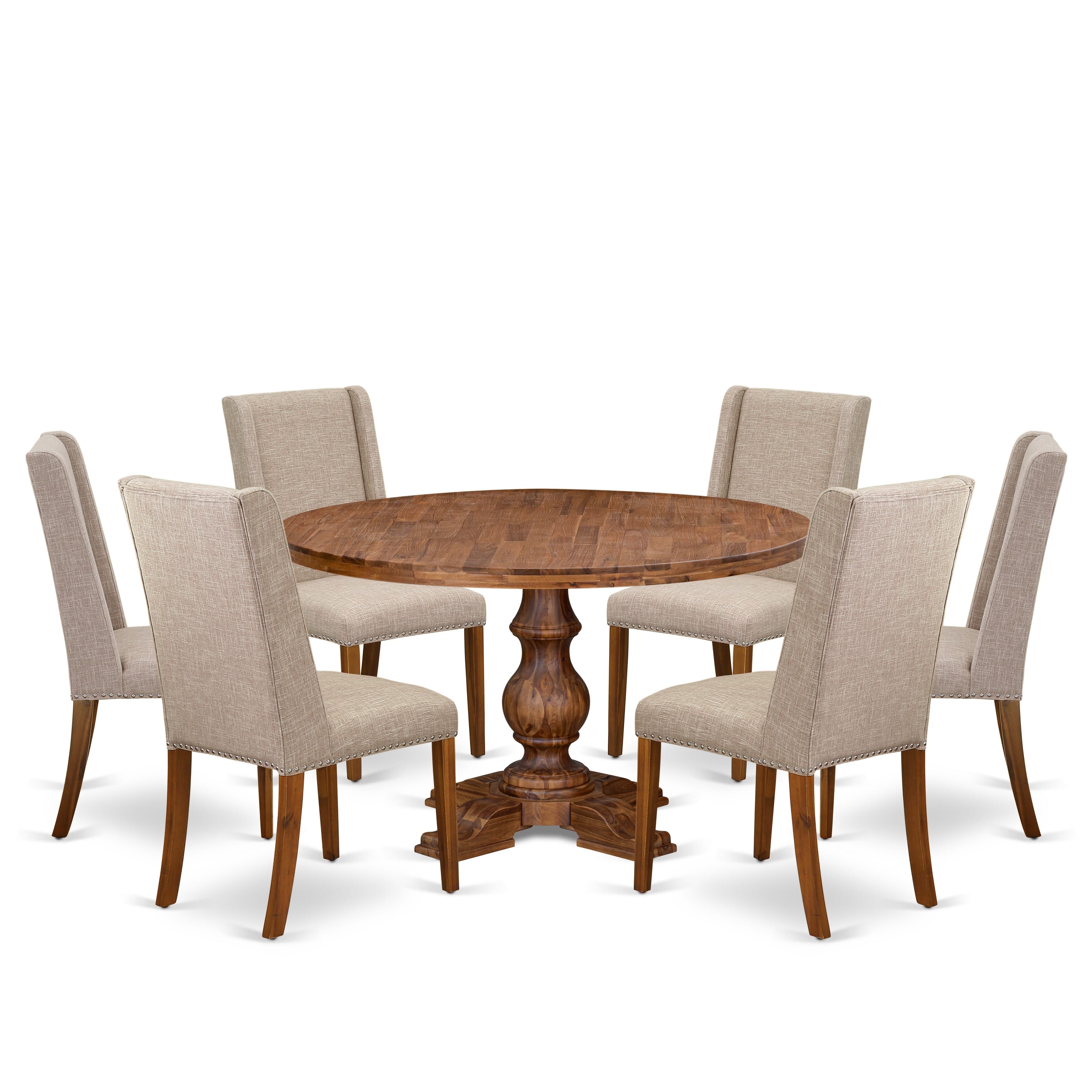 Luxe by East West Furniture I5FL7-50N-04 7-piece Modern Dining Set included a dinning table and 6 Light Tan Linen Fabric modern chairs with Padded Back - Antique Walnut
