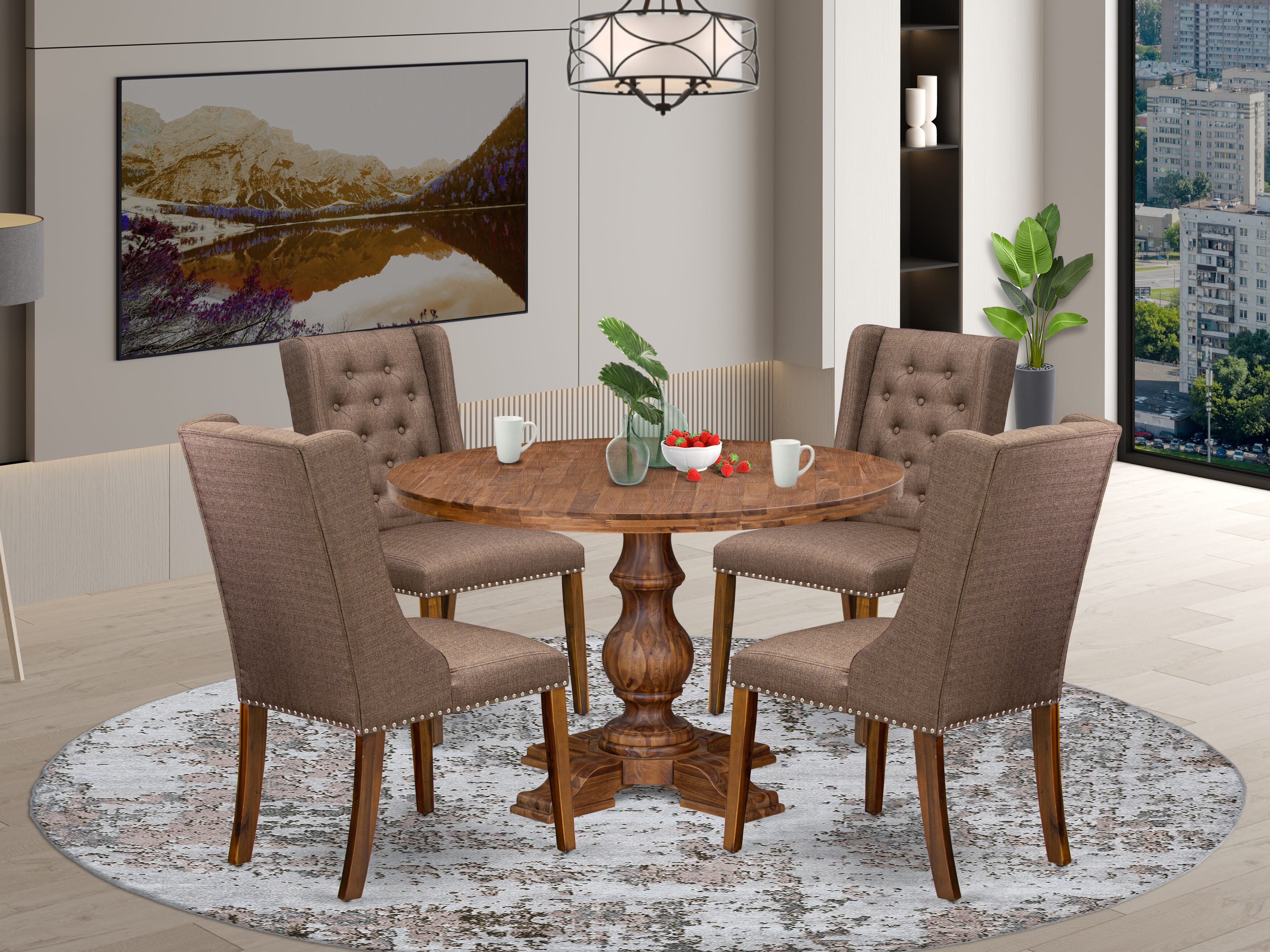 Luxe by East West Furniture - I5FO5-40N-18 - 5-Pc Dining Table Set Contains A Mid Century Dining Table and 4 Brown Linen Fabric Chairs with Button Tufted Back, Antique Walnut