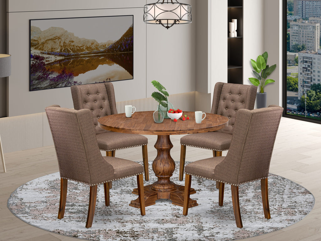 Luxe by East West Furniture - I5FO5-40N-18 - 5-Pc Dining Table Set Contains A Mid Century Dining Table and 4 Brown Linen Fabric Chairs with Button Tufted Back, Antique Walnut