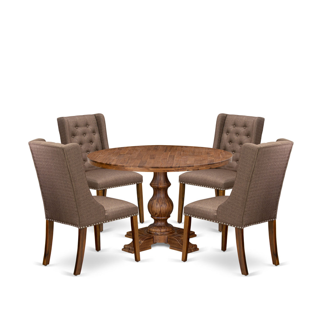 Luxe by East West Furniture - I5FO5-40N-18 - 5-Pc Dining Table Set Contains A Mid Century Dining Table and 4 Brown Linen Fabric Chairs with Button Tufted Back, Antique Walnut