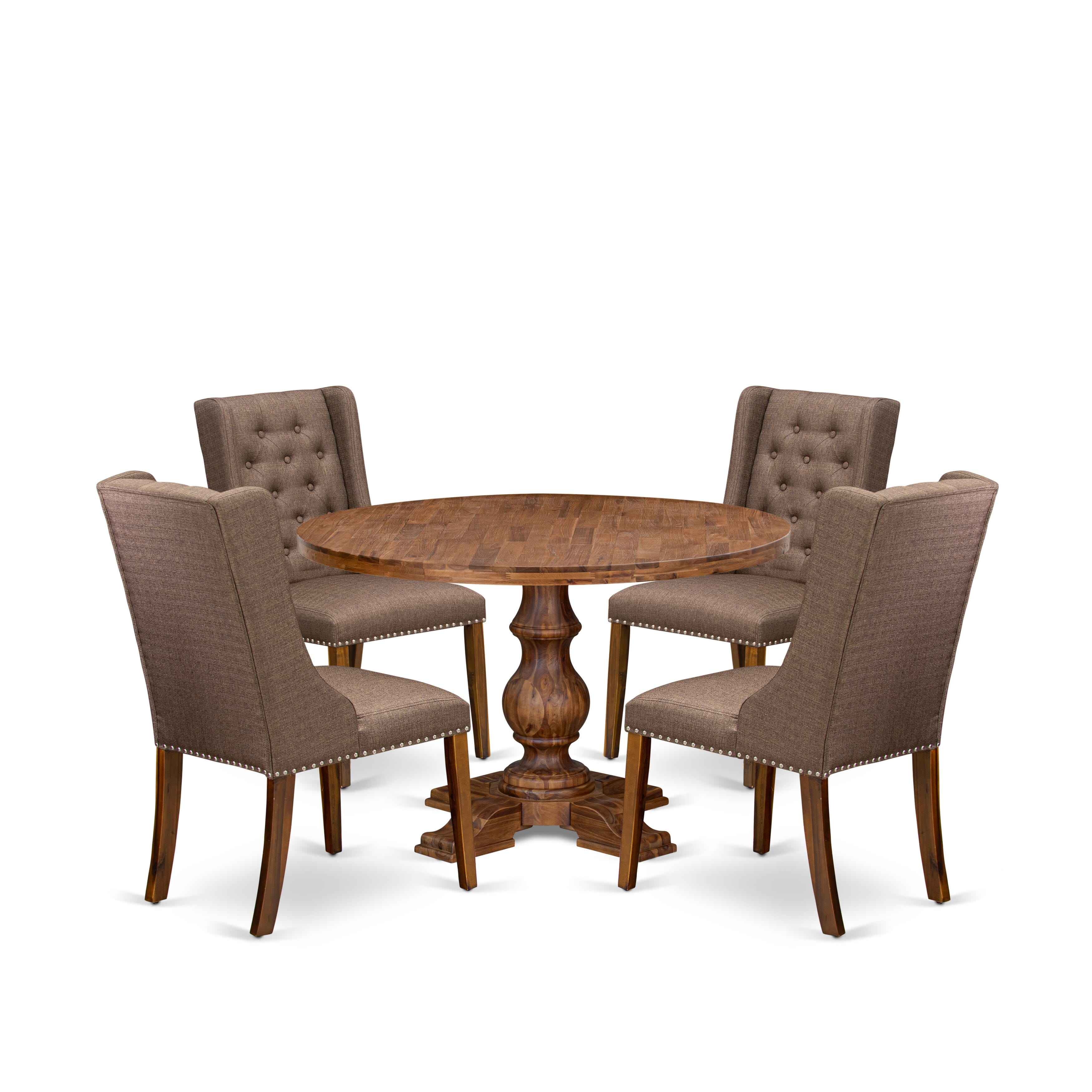 Luxe by East West Furniture - I5FO5-40N-18 - 5-Pc Dining Table Set Contains A Mid Century Dining Table and 4 Brown Linen Fabric Chairs with Button Tufted Back, Antique Walnut