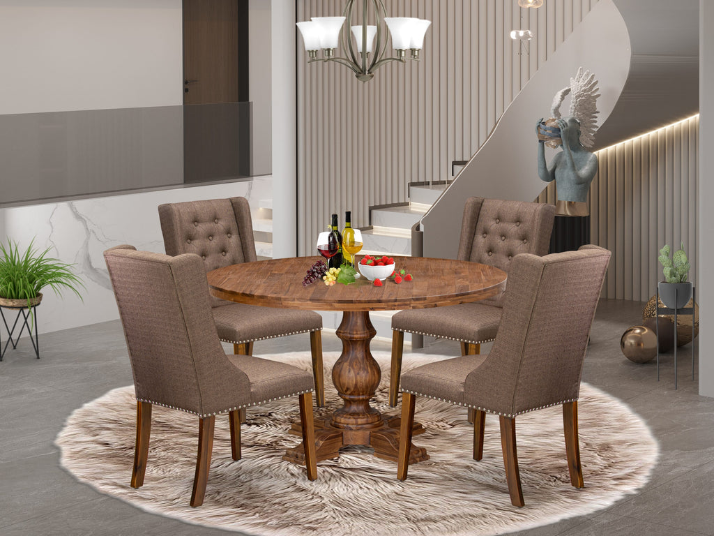 Luxe by East West Furniture - I5FO5-50N-18 - 5-Pc Dining Table Set Contains A Dining Table and 4 Brown Linen Fabric Upholstered Chairs with Button Tufted Back, Antique Walnut