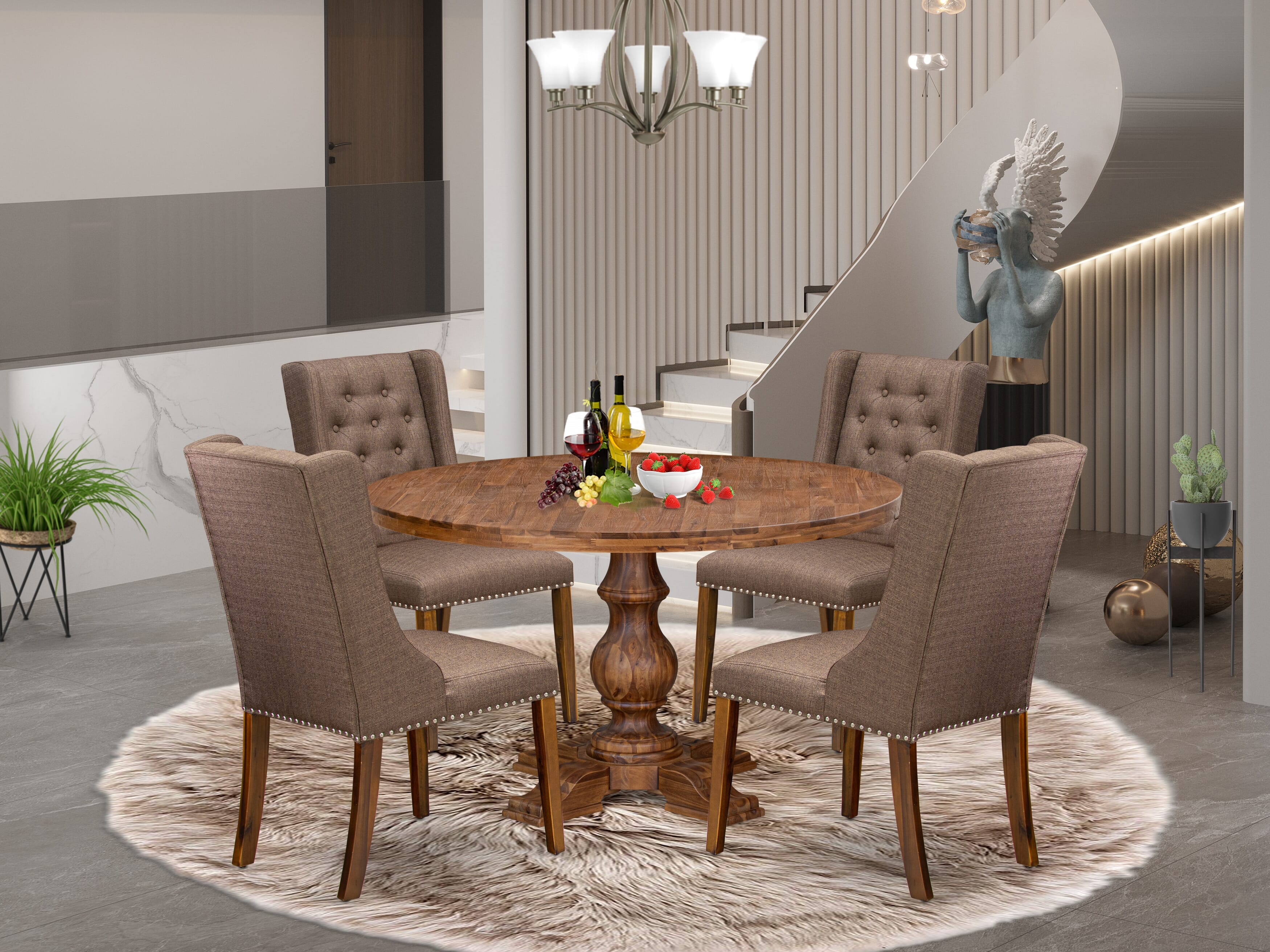 Luxe by East West Furniture - I5FO5-50N-18 - 5-Pc Dining Table Set Contains A Dining Table and 4 Brown Linen Fabric Upholstered Chairs with Button Tufted Back, Antique Walnut