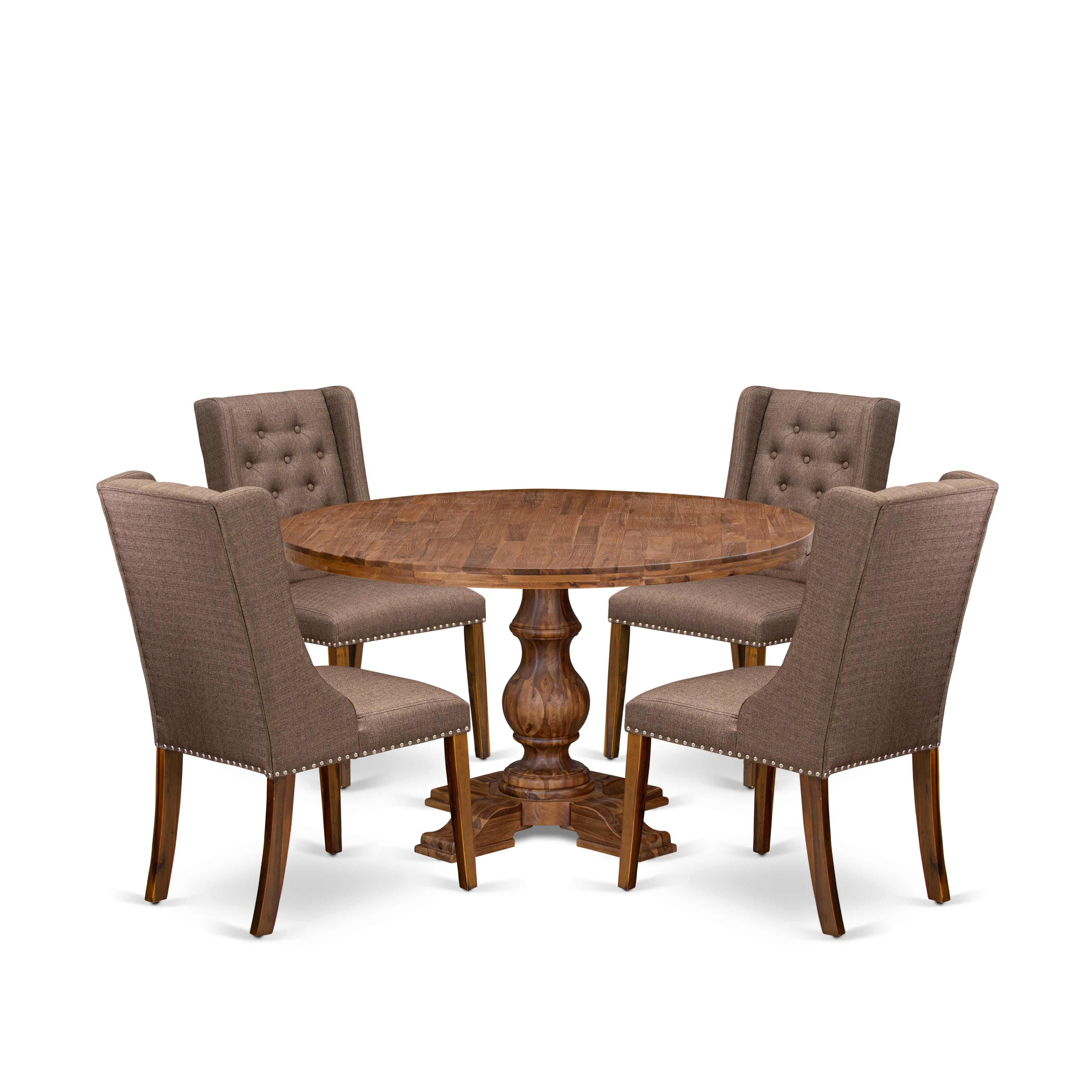 Luxe by East West Furniture - I5FO5-50N-18 - 5-Pc Dining Table Set Contains A Dining Table and 4 Brown Linen Fabric Upholstered Chairs with Button Tufted Back, Antique Walnut