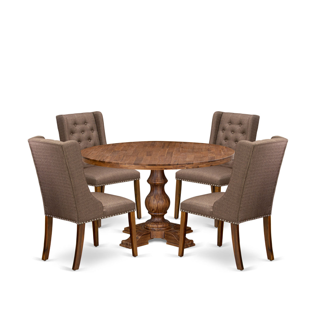 Luxe by East West Furniture - I5FO5-50N-18 - 5-Pc Dining Table Set Contains A Dining Table and 4 Brown Linen Fabric Upholstered Chairs with Button Tufted Back, Antique Walnut