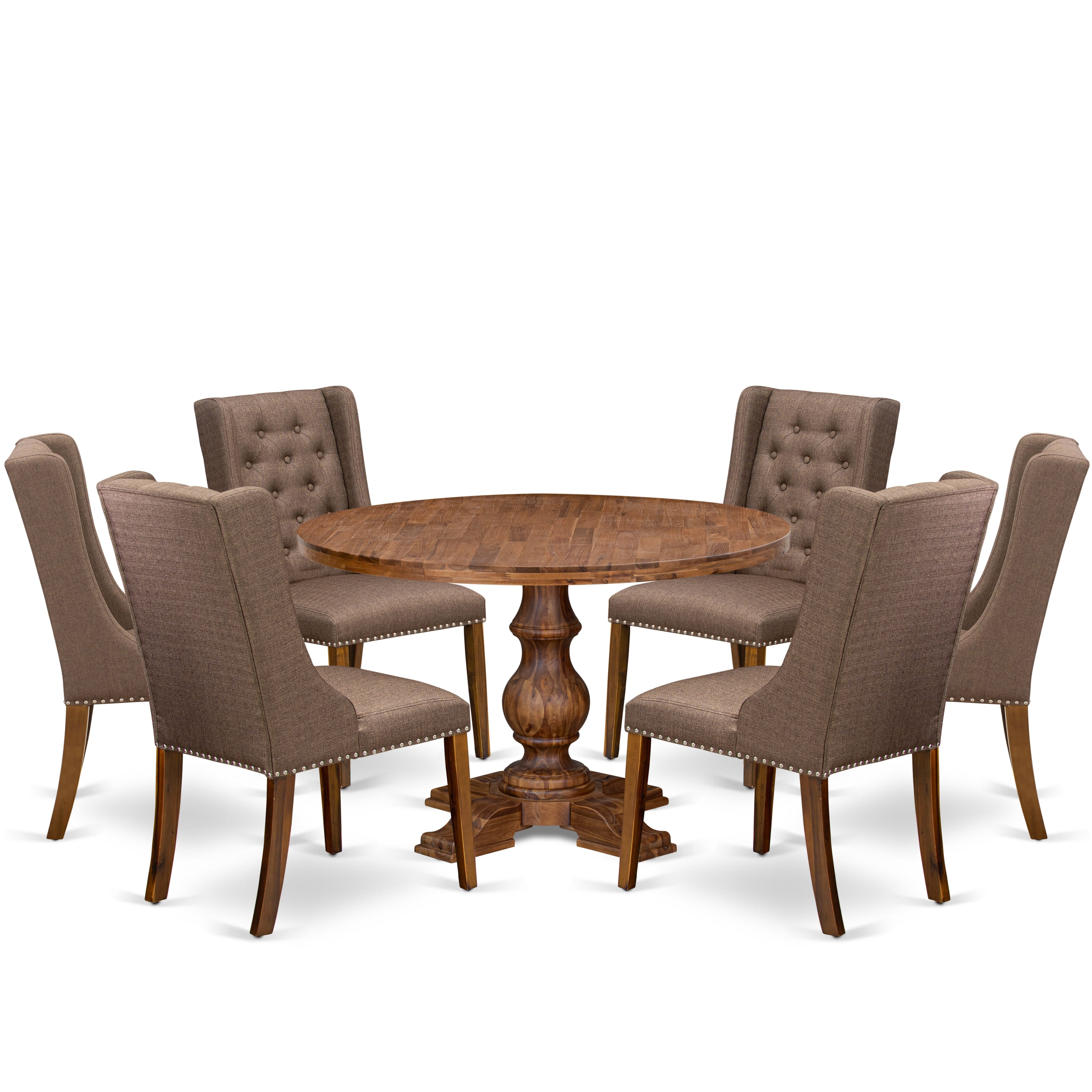 Luxe by East West Furniture - I5FO7-40N-18 - 7-Piece Dining Set Consist of A Mid Century Dining Table and 6 Brown Linen Fabric Chairs with Button Tufted Back, Antique Walnut