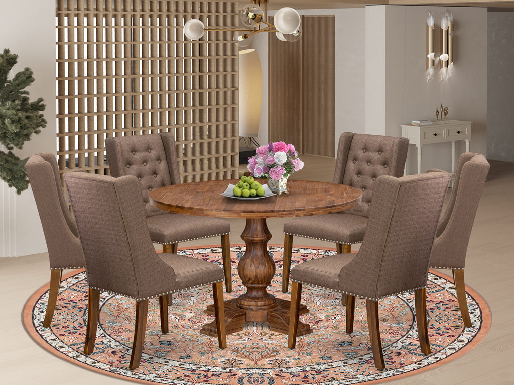Luxe by East West Furniture - I5FO7-40N-18 - 7-Piece Dining Set Consist of A Mid Century Dining Table and 6 Brown Linen Fabric Chairs with Button Tufted Back, Antique Walnut