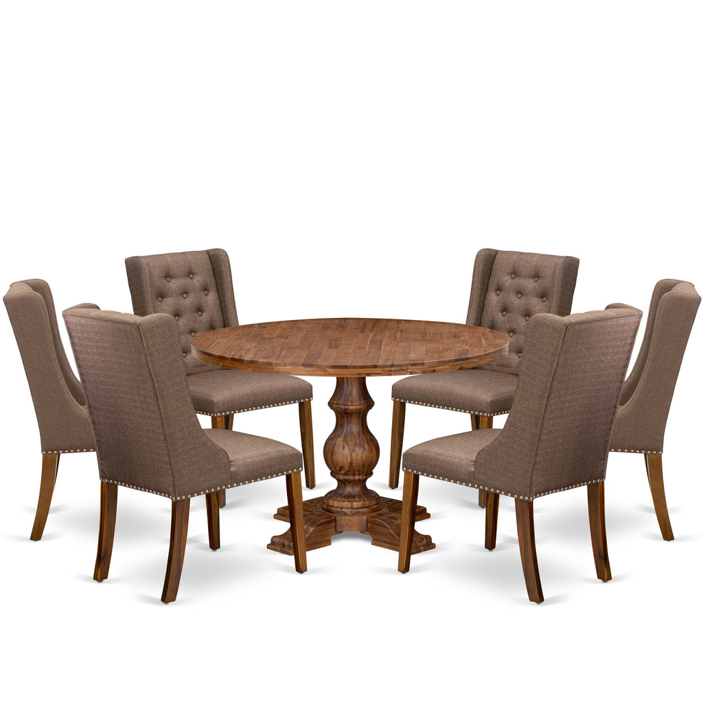 Luxe by East West Furniture - I5FO7-40N-18 - 7-Piece Dining Set Consist of A Mid Century Dining Table and 6 Brown Linen Fabric Chairs with Button Tufted Back, Antique Walnut