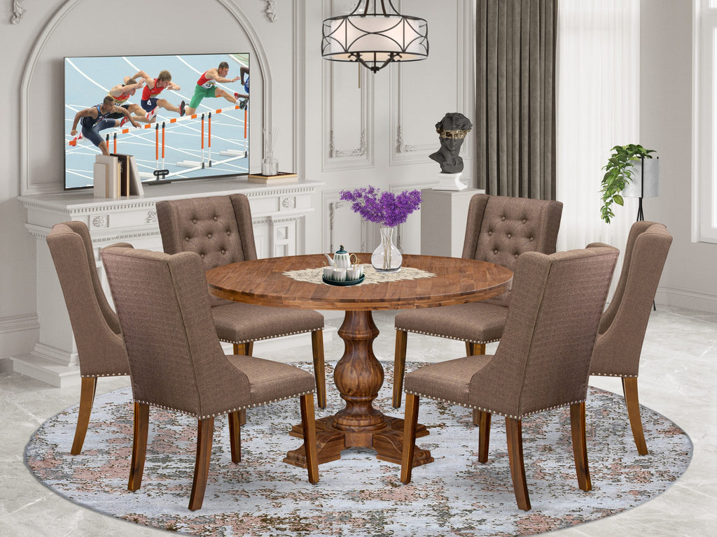 Luxe by East West Furniture - I5FO7-50N-18 - 7-Piece Modern Dining Table Set Consist of A Kitchen Table and 6 Brown Linen Fabric Chairs with Button Tufted Back, Antique Walnut