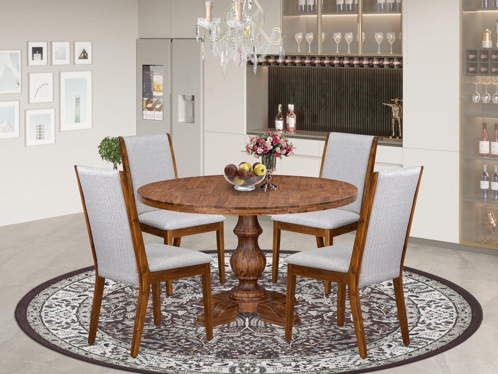 Luxe by East West Furniture I5LA5-50N-05 5-Pc Dining Table Set Includes a Pedestal Dinner Table and 4 Grey Linen Fabric Parson Chairs with High Back - Antique Walnut Finish