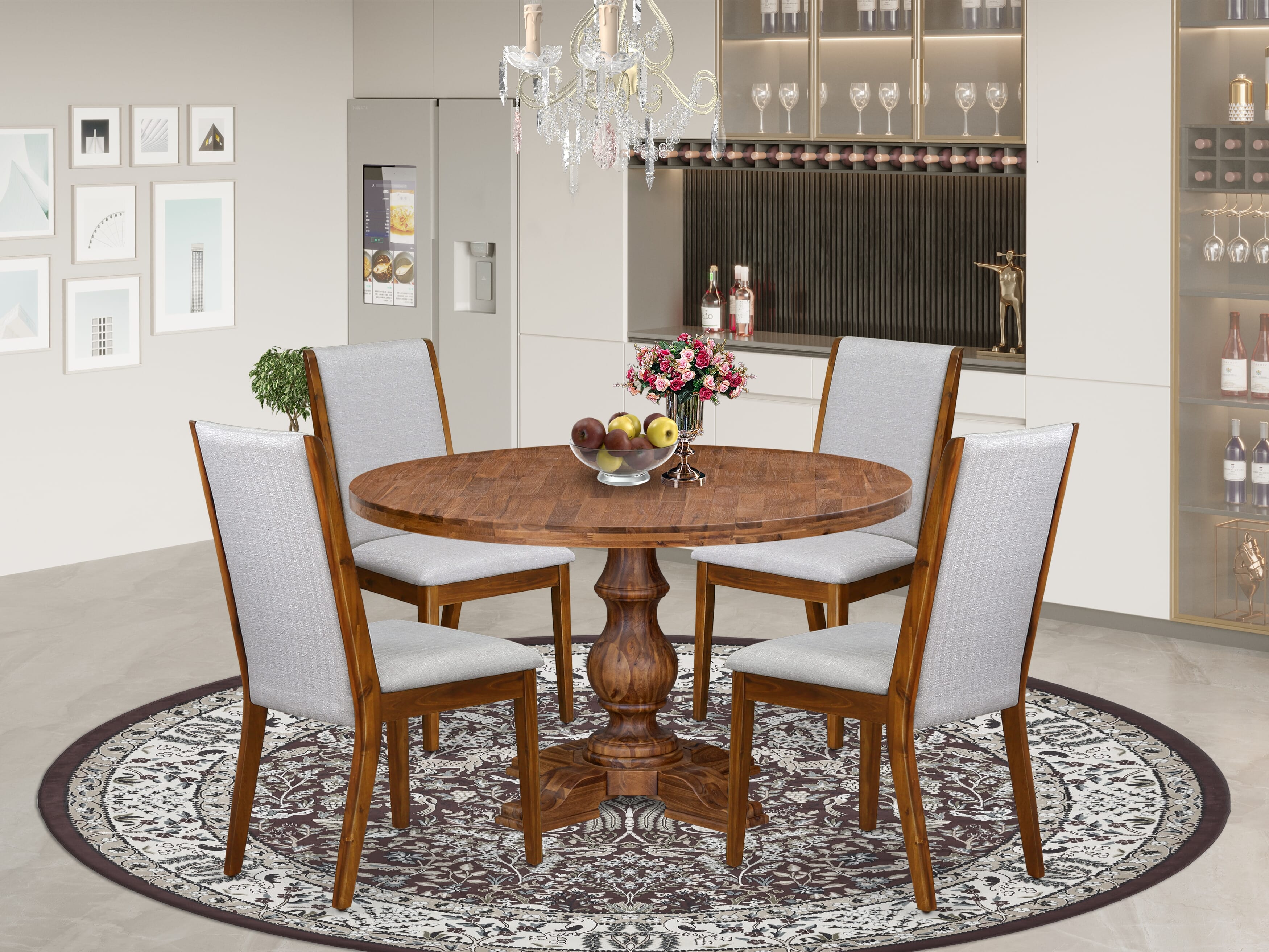 Luxe by East West Furniture I5LA5-50N-05 5-Pc Dining Table Set Includes a Pedestal Dinner Table and 4 Grey Linen Fabric Parson Chairs with High Back - Antique Walnut Finish