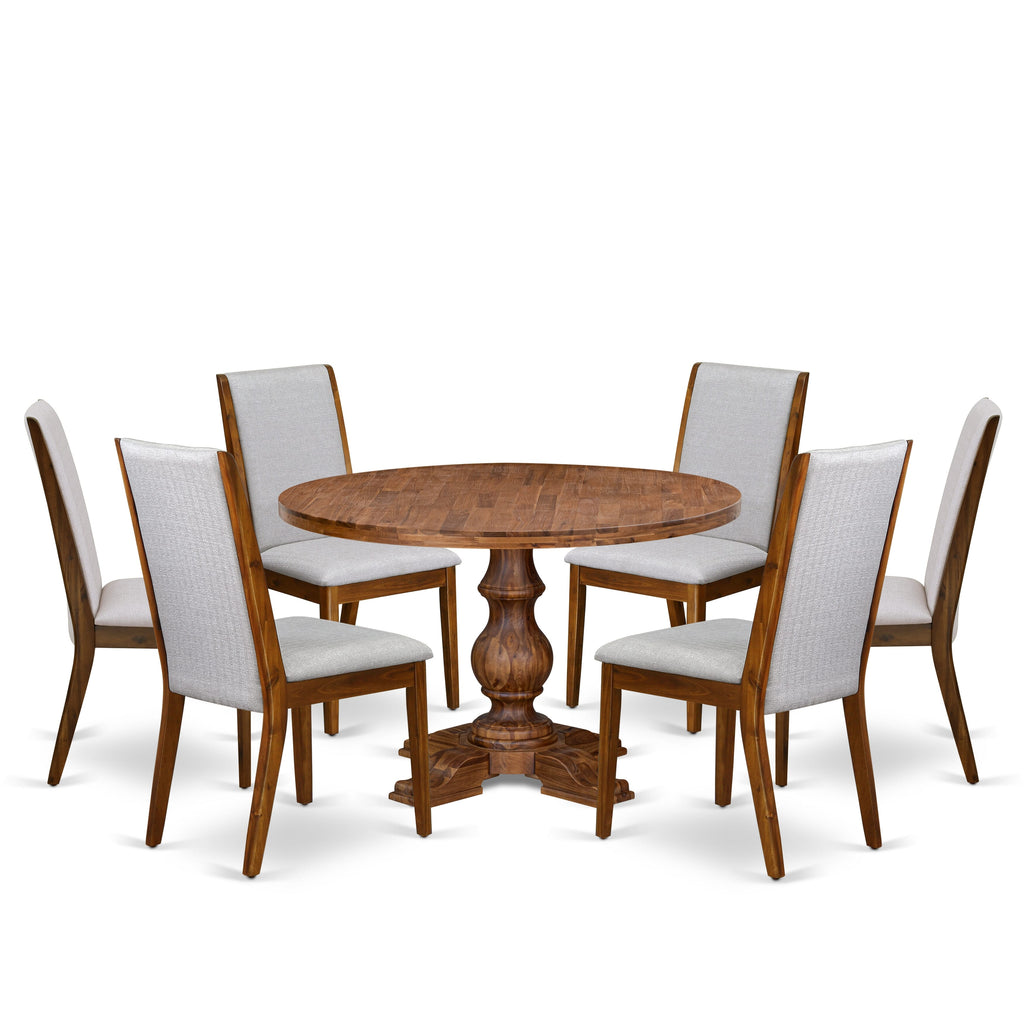 Luxe by East West Furniture I5LA7-40N-05 7-Pc Modern Dining Set consists of a Pedestal Dining Table and 6 Grey Linen Fabric Parson Chairs with High Back - Antique Walnut