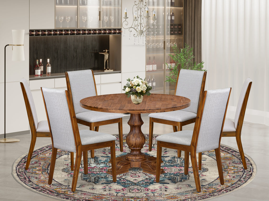 Luxe by East West Furniture I5LA7-40N-05 7-Pc Modern Dining Set consists of a Pedestal Dining Table and 6 Grey Linen Fabric Parson Chairs with High Back - Antique Walnut