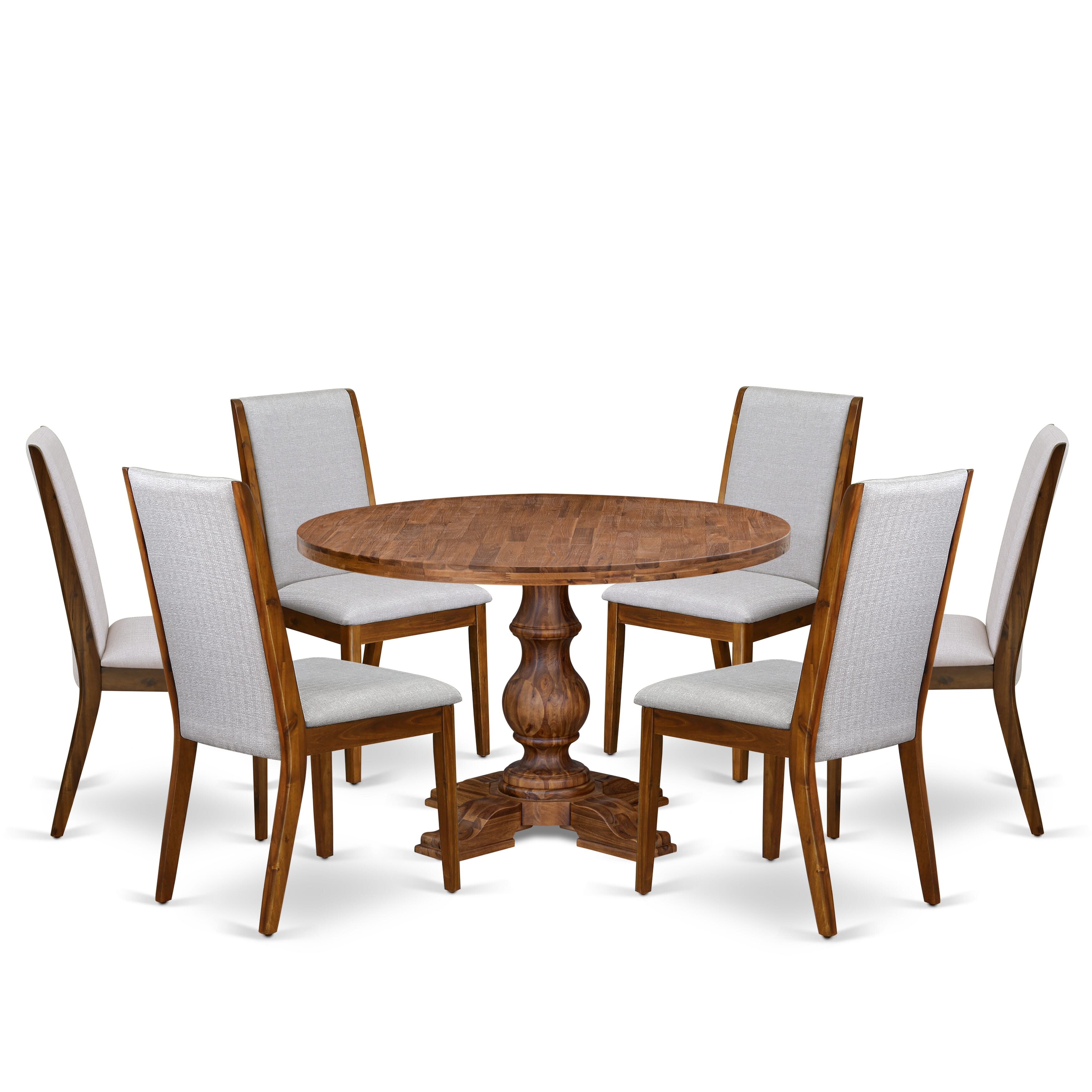 Luxe by East West Furniture I5LA7-40N-05 7-Pc Modern Dining Set consists of a Pedestal Dining Table and 6 Grey Linen Fabric Parson Chairs with High Back - Antique Walnut