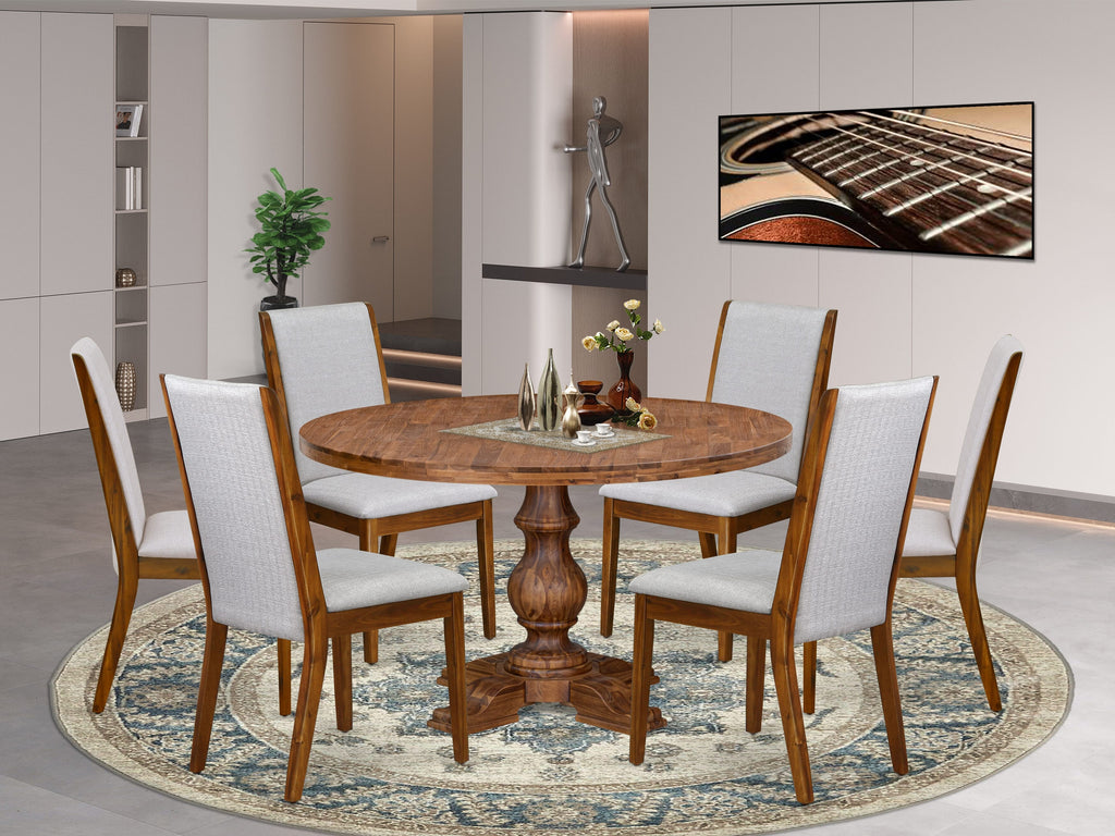 Luxe by East West Furniture I5LA7-50N-05 7-Pc Kitchen Table Set consists of a Pedestal Kitchen Table and 6 Grey Linen Fabric Dining Chairs with High Back - Antique Walnut Finish