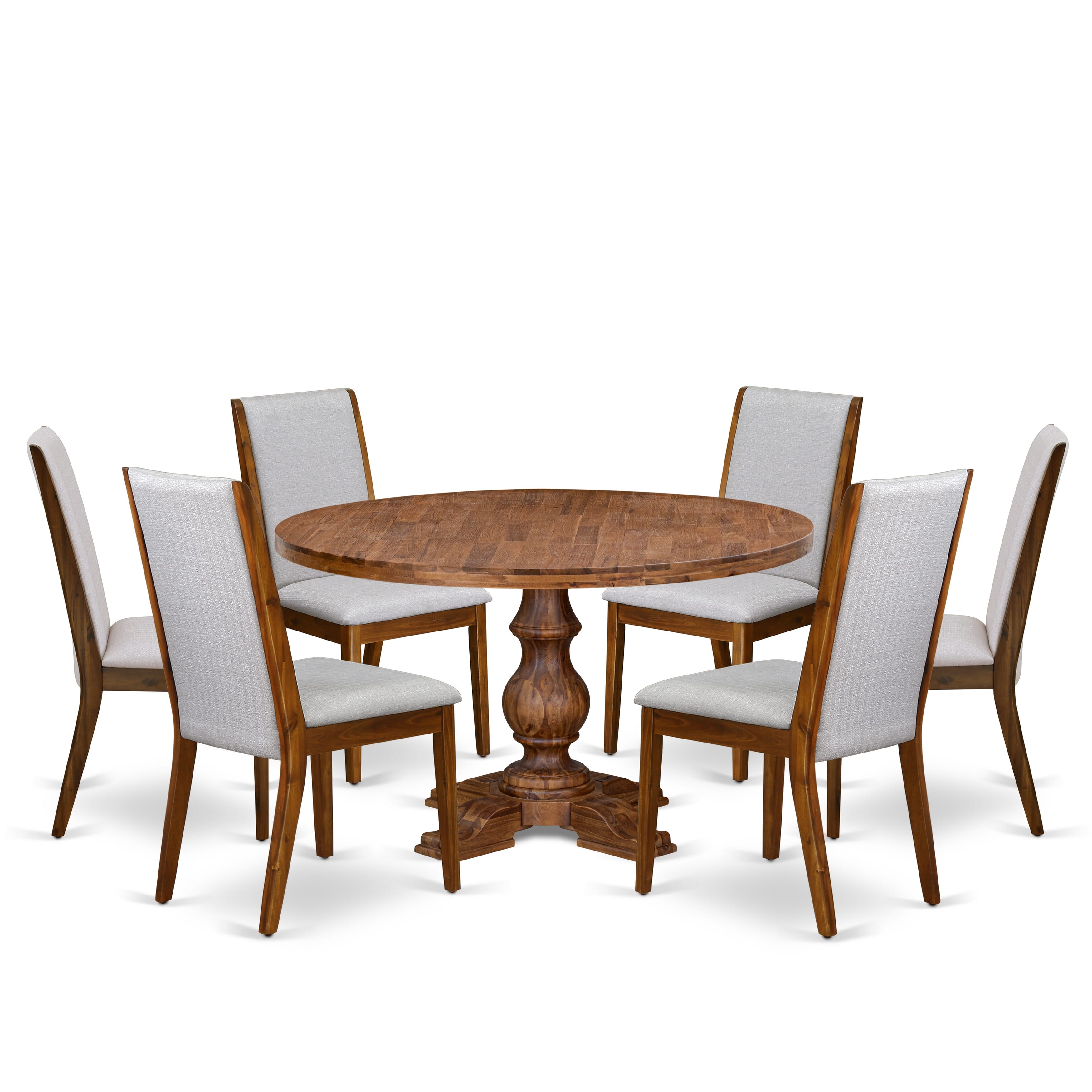 Luxe by East West Furniture I5LA7-50N-05 7-Pc Kitchen Table Set consists of a Pedestal Kitchen Table and 6 Grey Linen Fabric Dining Chairs with High Back - Antique Walnut Finish